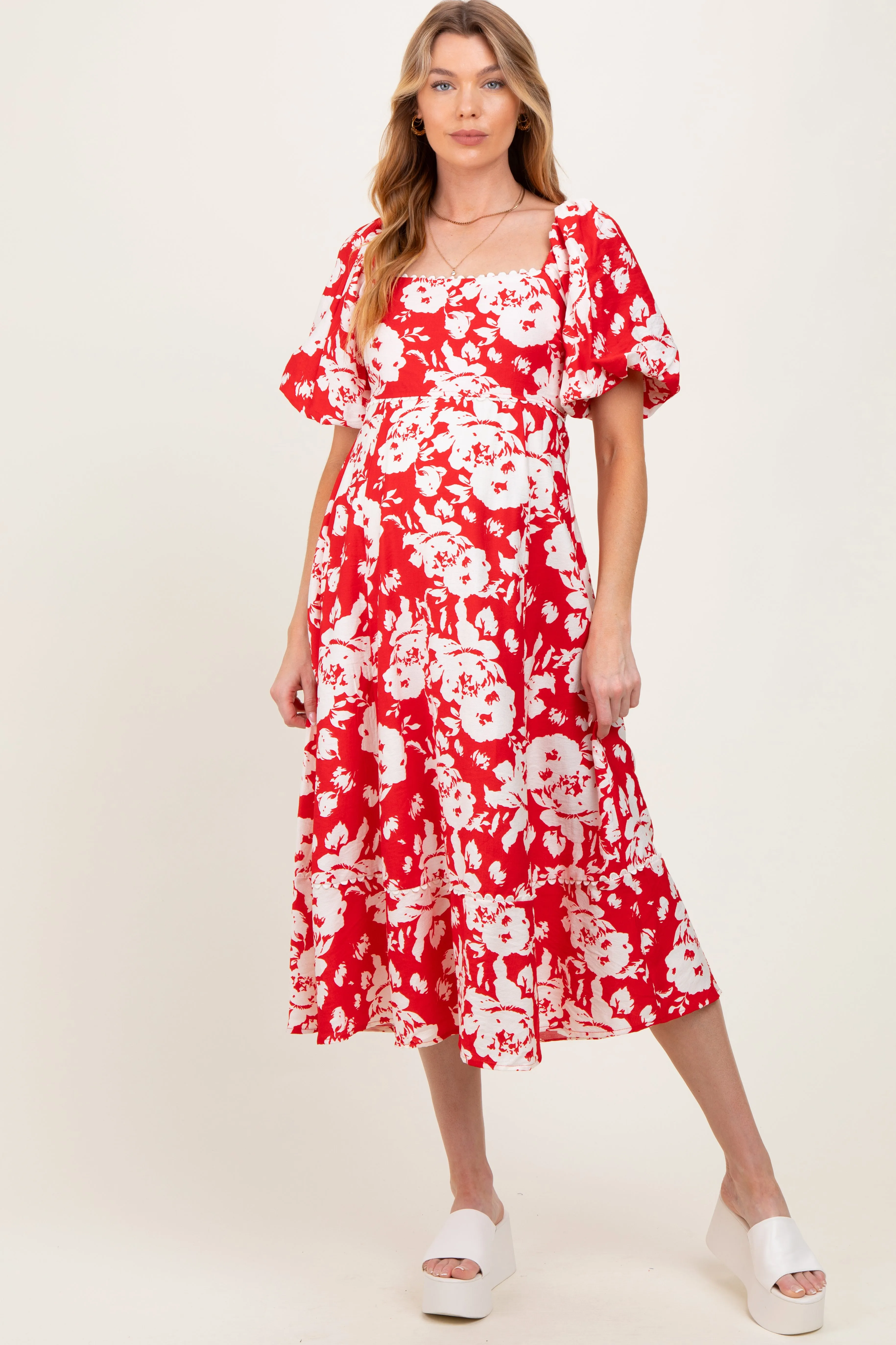 Red Floral Scallop Trim Puff Sleeve Maternity Midi Dress sold by Pinkblush product image thumbnail 2