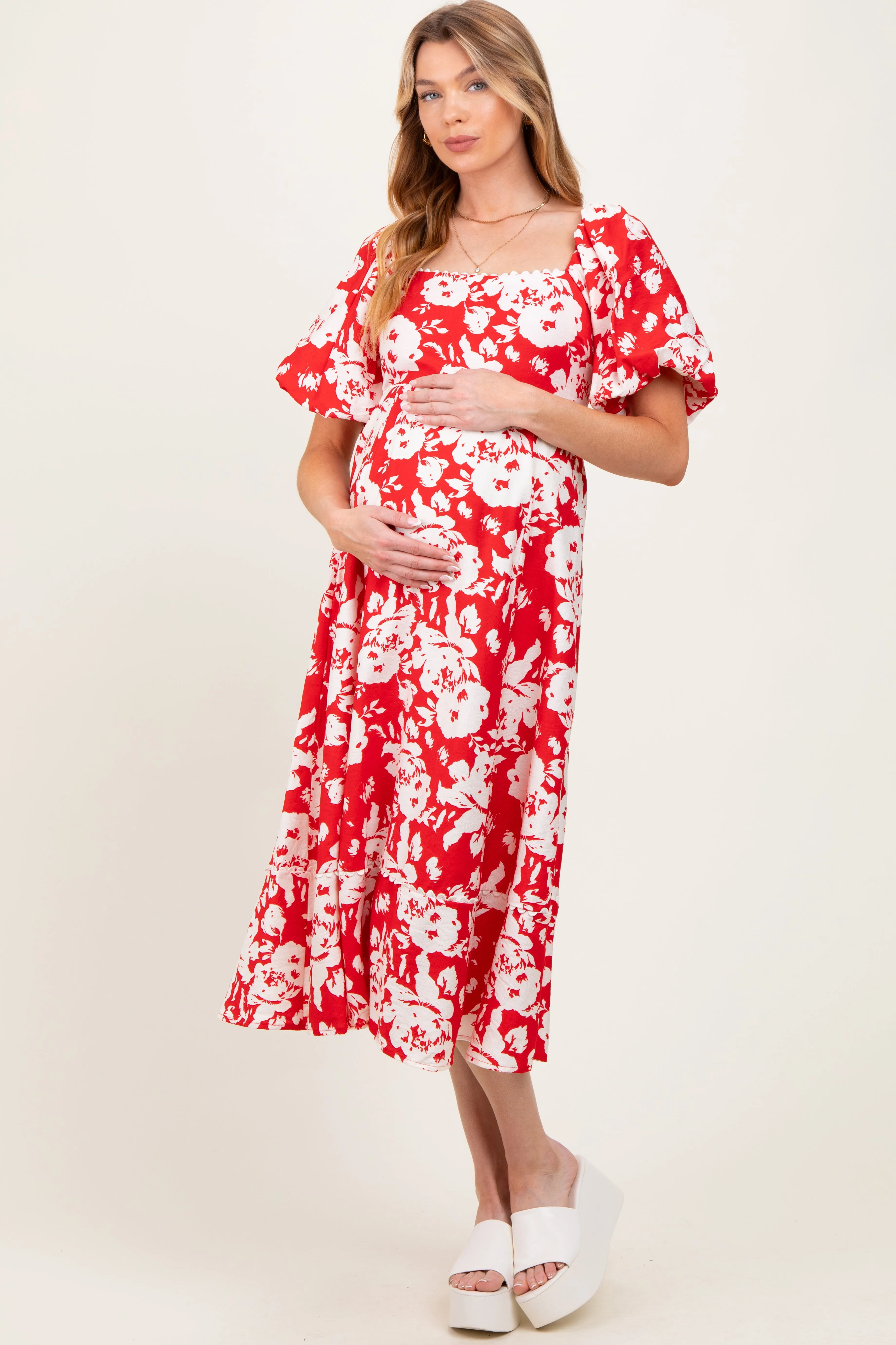 Red Floral Scallop Trim Puff Sleeve Maternity Midi Dress sold by Pinkblush product image thumbnail 3