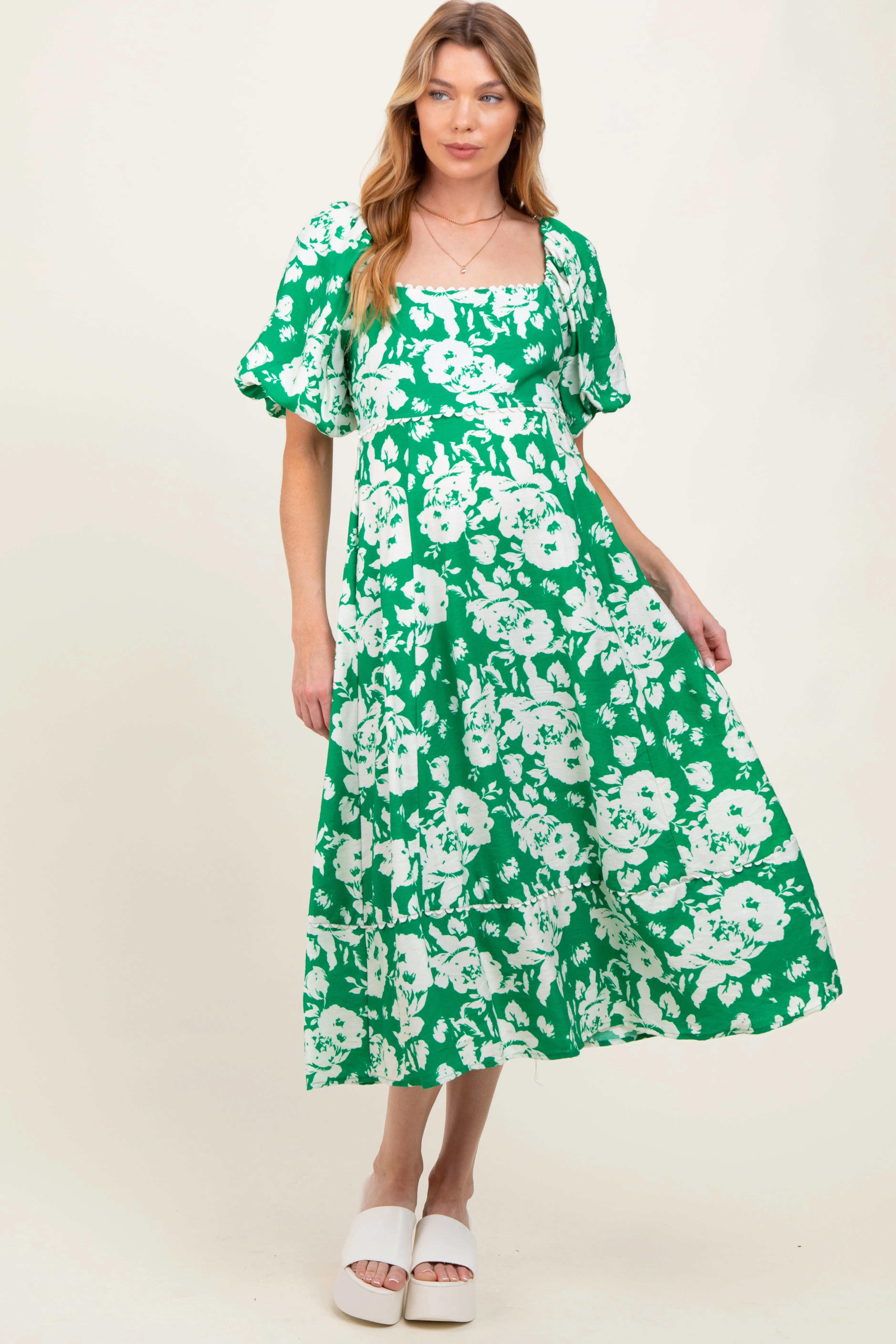 Green Floral Scallop Trim Puff Sleeve Maternity Midi Dress sold by Pinkblush product image thumbnail 2