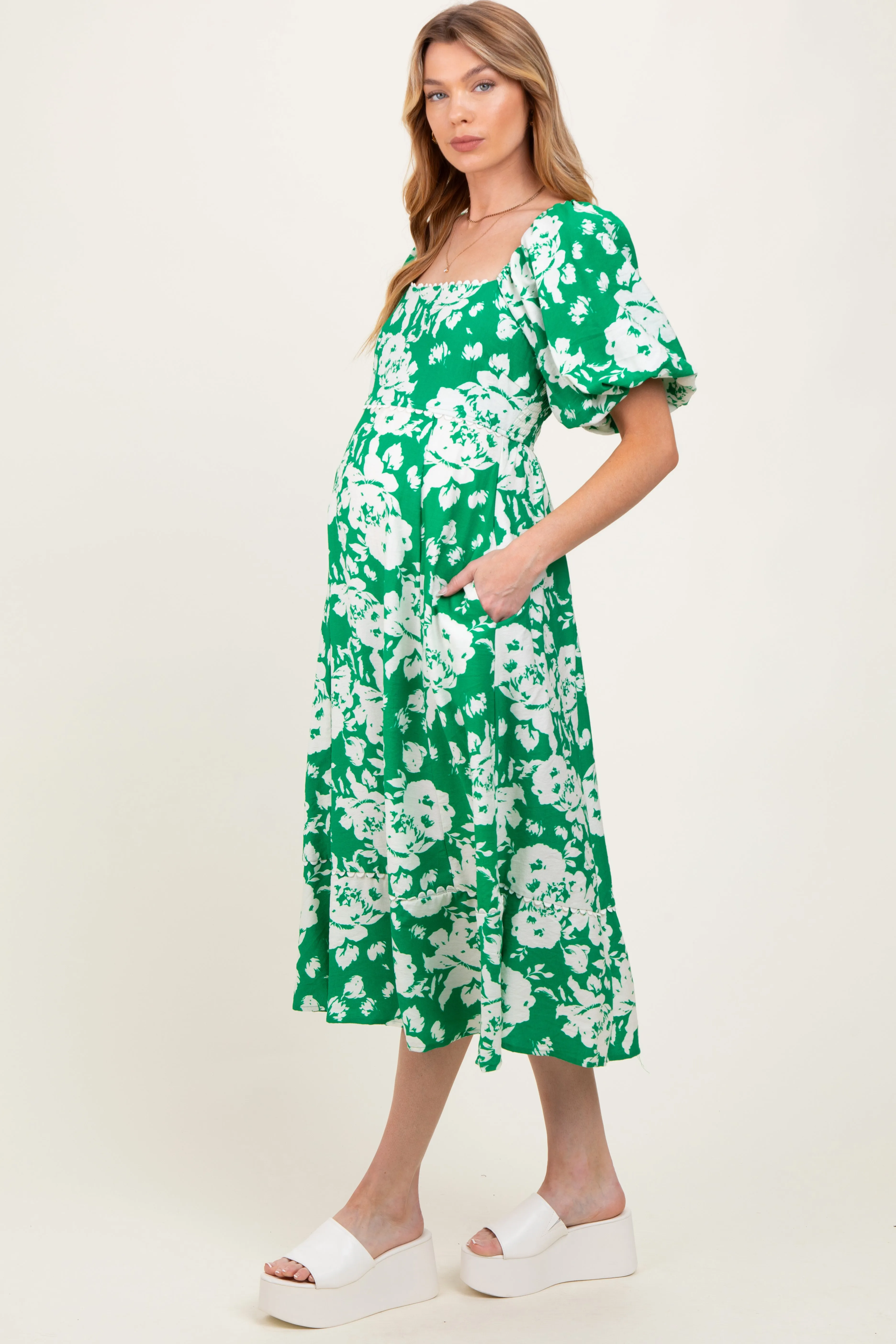 Green Floral Scallop Trim Puff Sleeve Maternity Midi Dress sold by Pinkblush product image thumbnail 3
