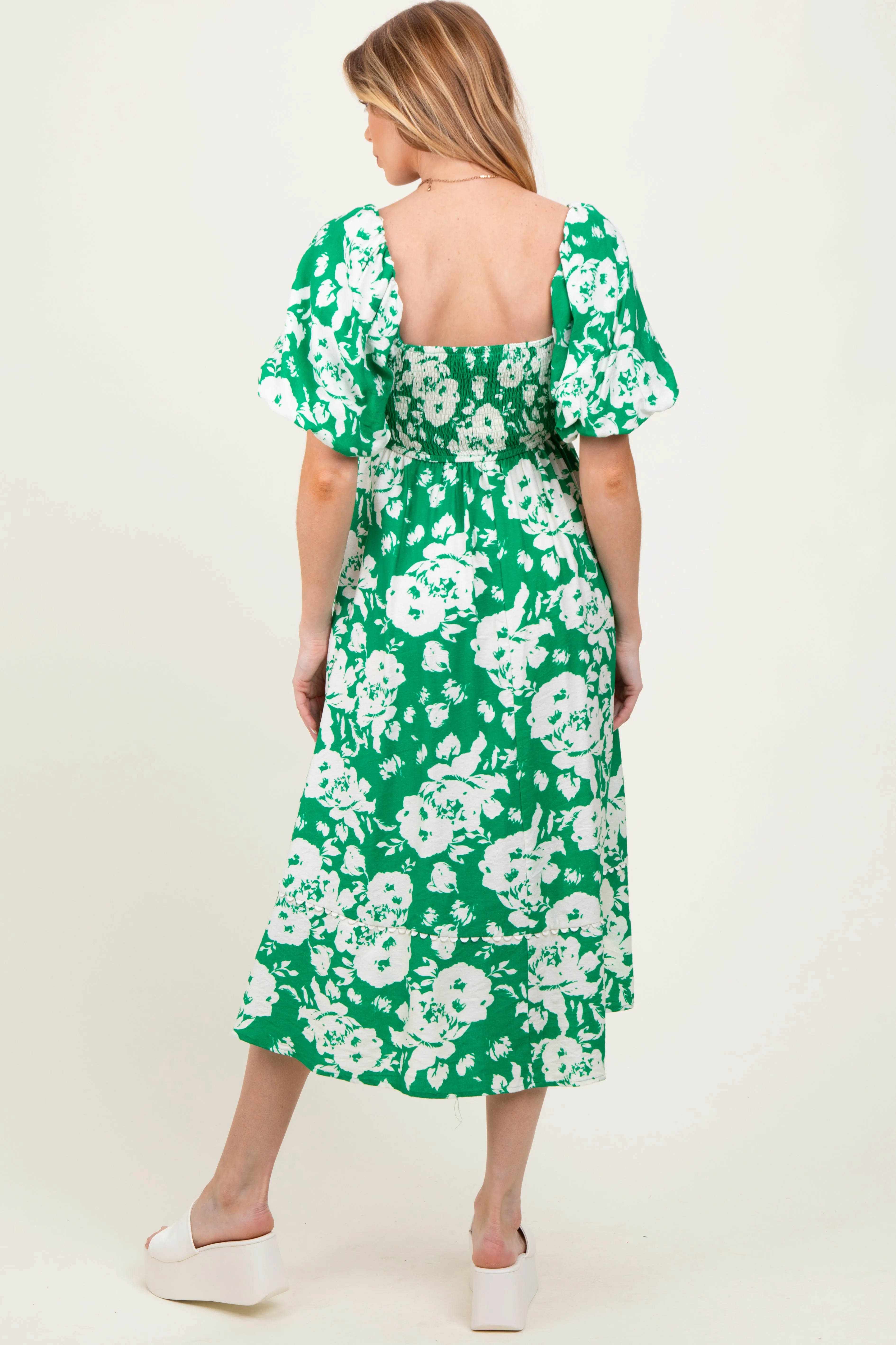 Green Floral Scallop Trim Puff Sleeve Maternity Midi Dress sold by Pinkblush product image thumbnail 4