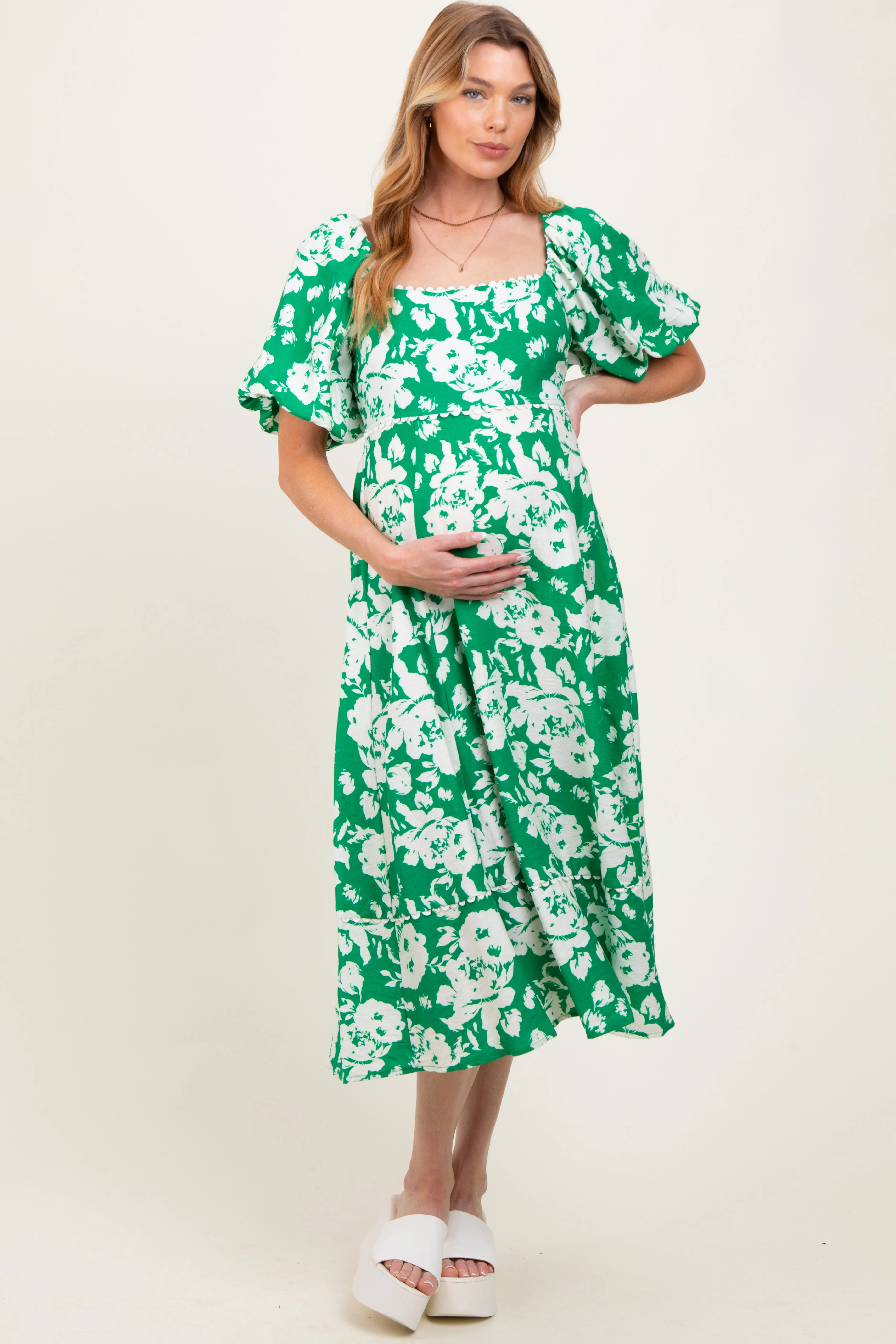 Green Floral Scallop Trim Puff Sleeve Maternity Midi Dress sold by Pinkblush