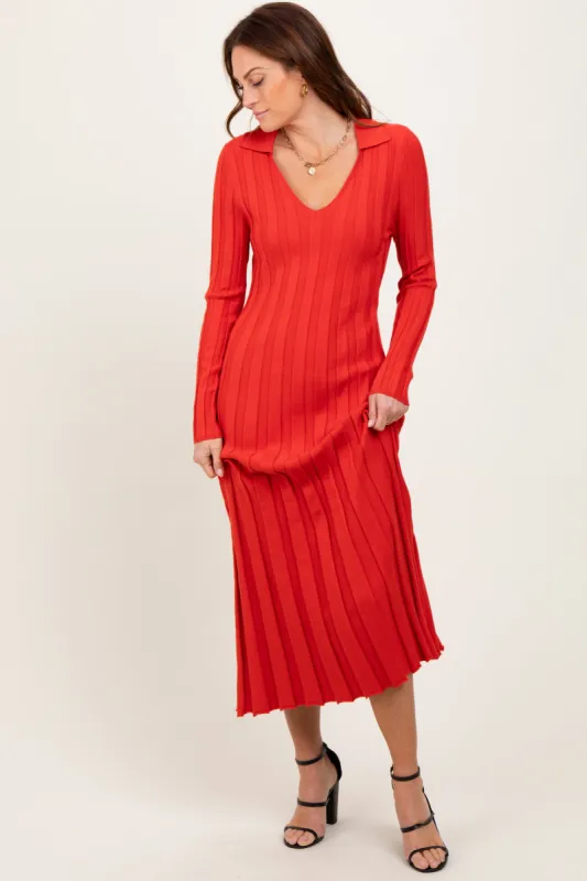 Red Wide Ribbed Knit Collared Midi Dress sold by Pinkblush