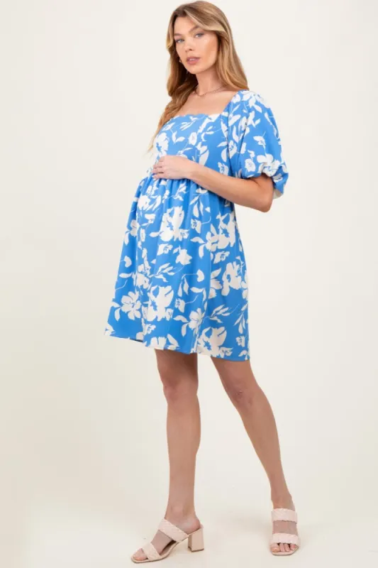 Blue Floral Puff Sleeve Maternity Mini Dress sold by Pinkblush