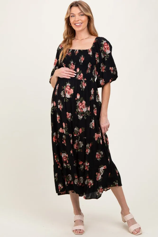 Black Smocked Puff Sleeve Maternity Midi Dress sold by Pinkblush