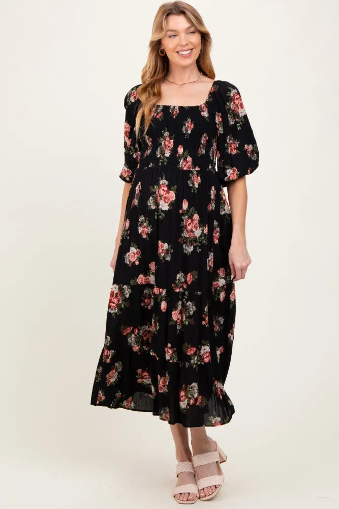 Black Smocked Puff Sleeve Maternity Midi Dress sold by Pinkblush product image thumbnail 2