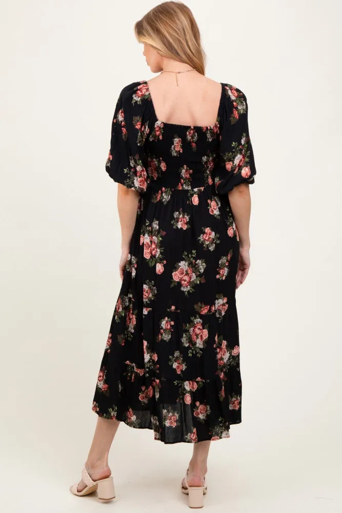 Black Smocked Puff Sleeve Maternity Midi Dress sold by Pinkblush product image thumbnail 3