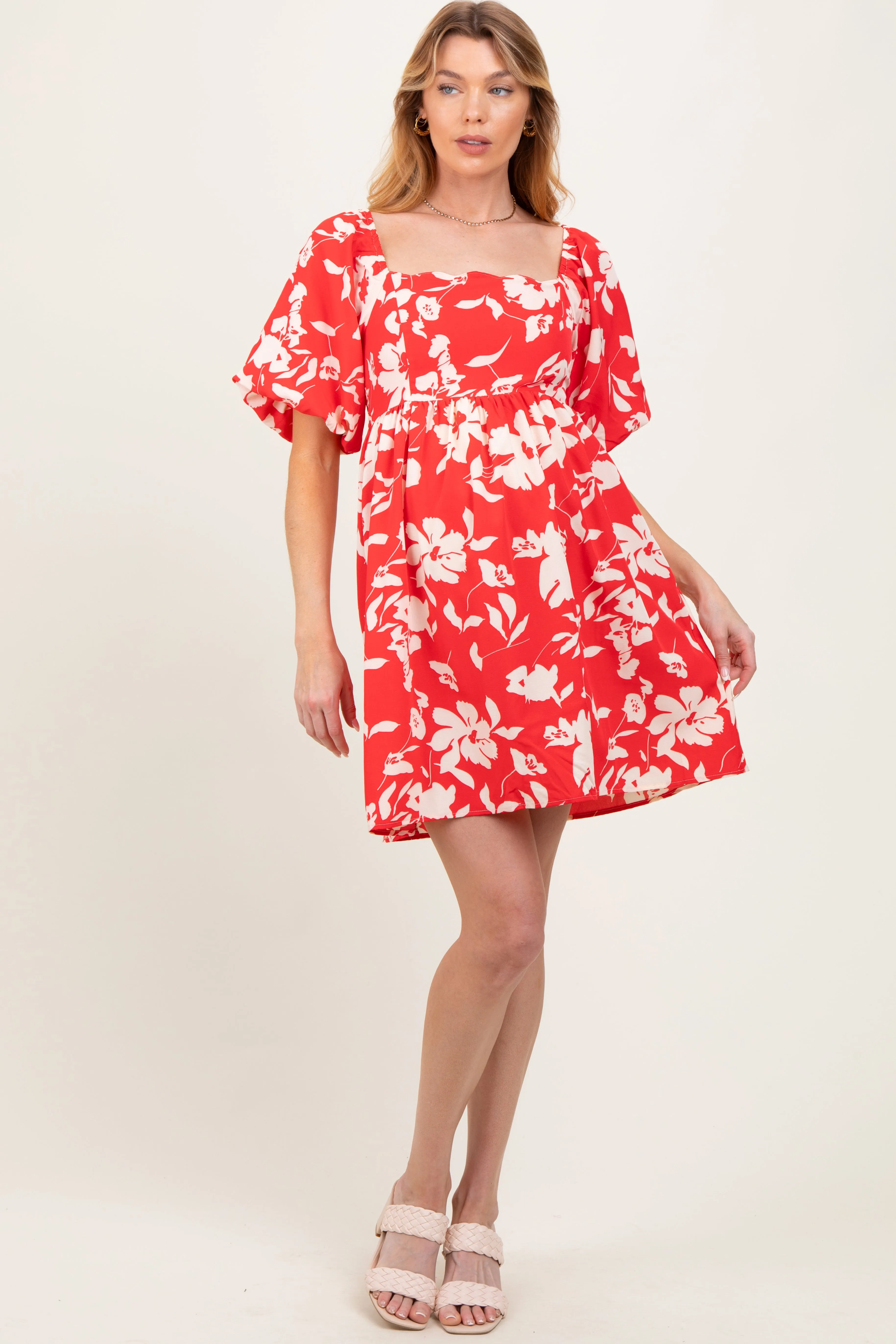 Red Floral Puff Sleeve Maternity Mini Dress sold by Pinkblush product image thumbnail 2