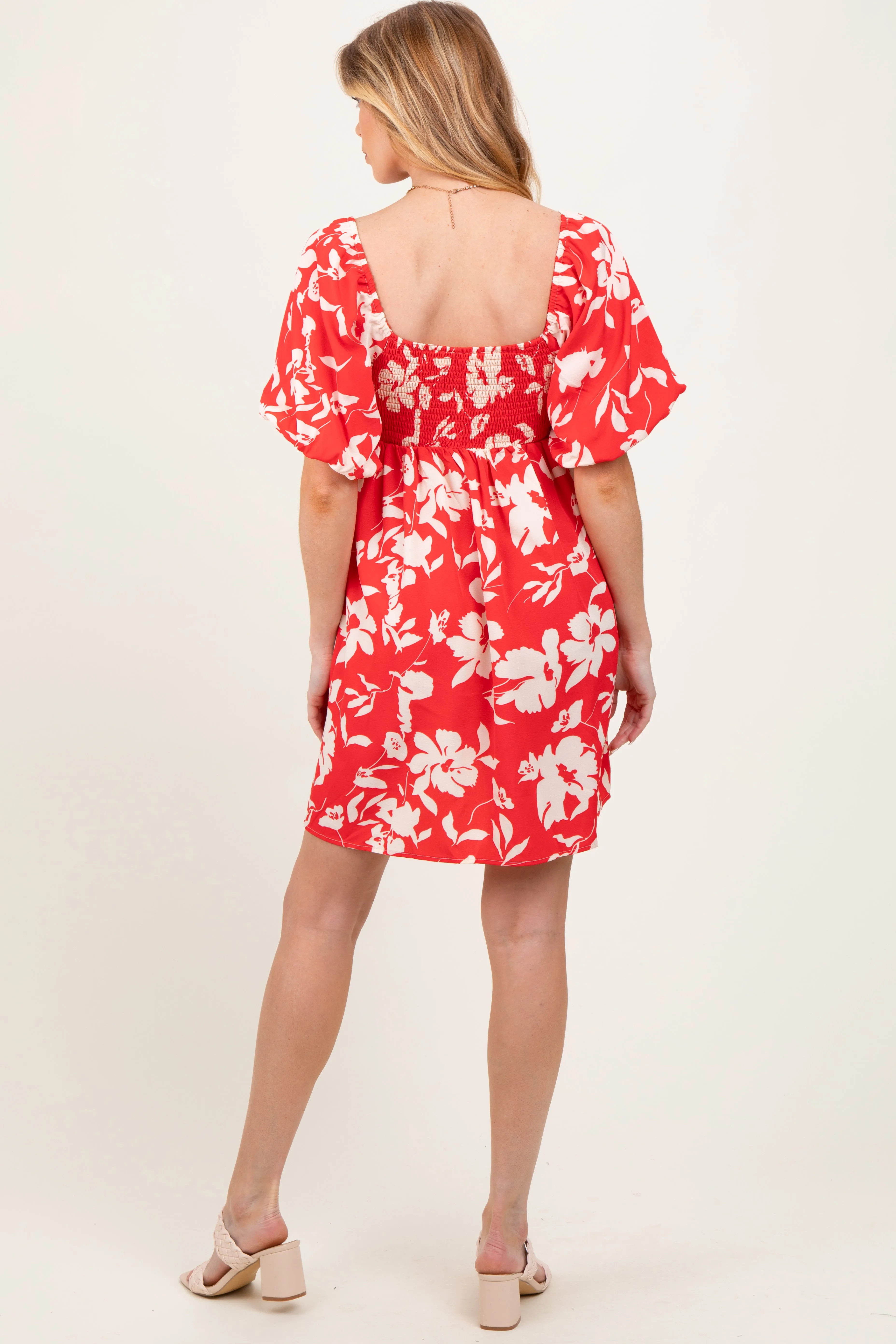 Red Floral Puff Sleeve Maternity Mini Dress sold by Pinkblush product image thumbnail 3