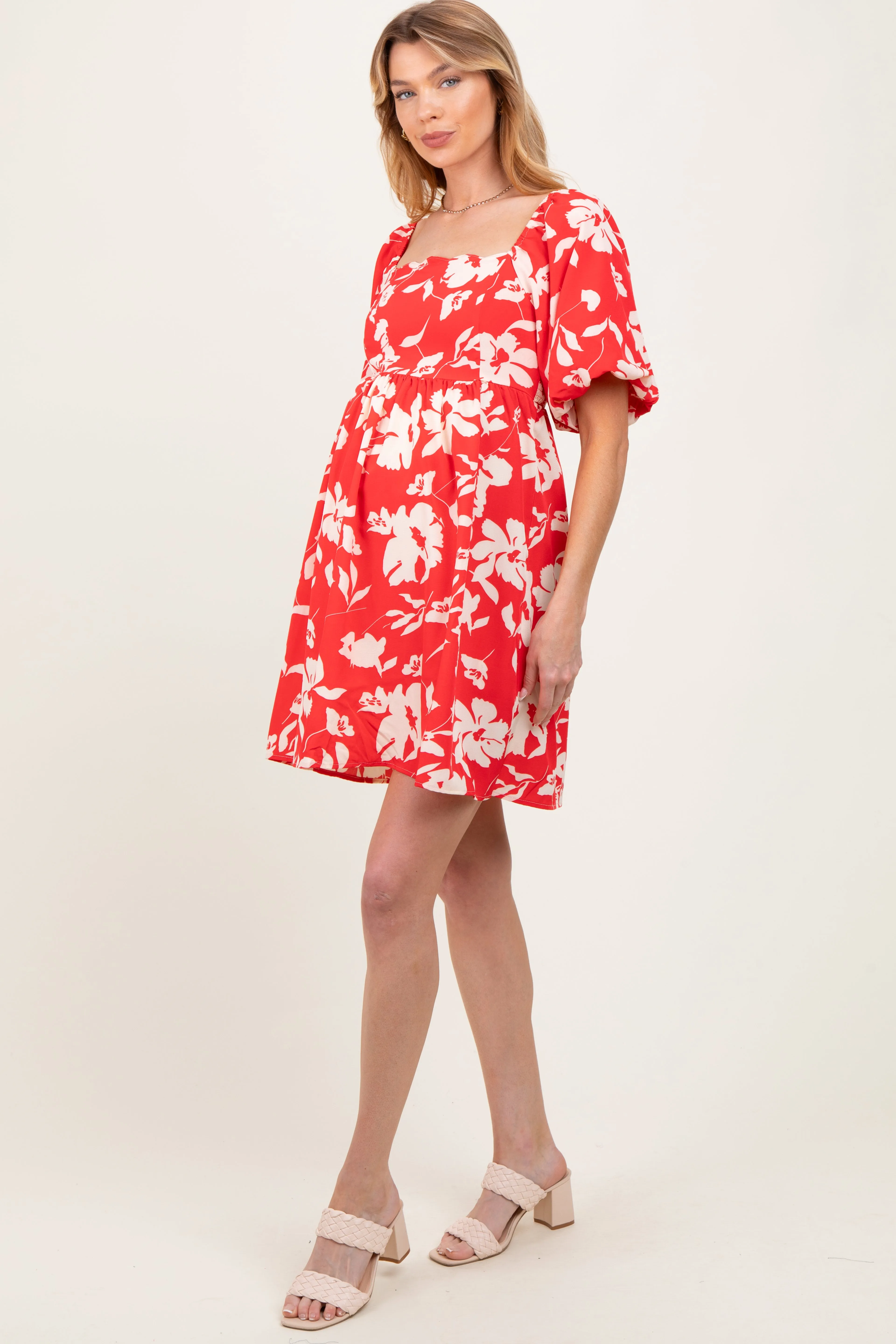 Red Floral Puff Sleeve Maternity Mini Dress sold by Pinkblush