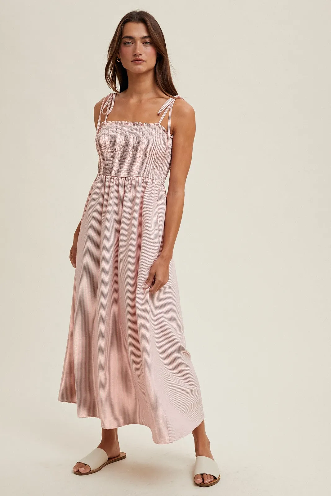 Red Striped Shoulder Tie Smocked Maxi Dress sold by Pinkblush product image thumbnail 3