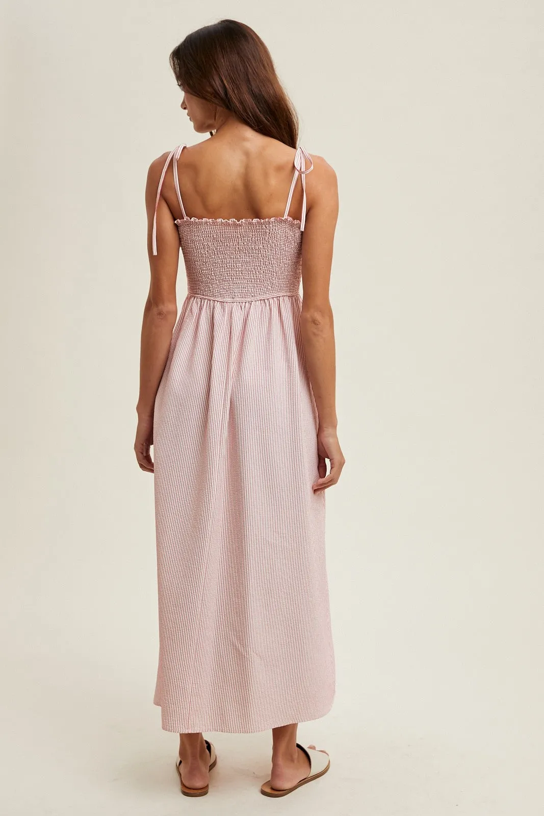 Red Striped Shoulder Tie Smocked Maxi Dress sold by Pinkblush product image thumbnail 4