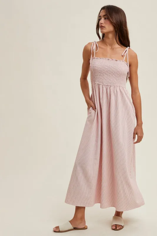 Red Striped Shoulder Tie Smocked Maxi Dress sold by Pinkblush