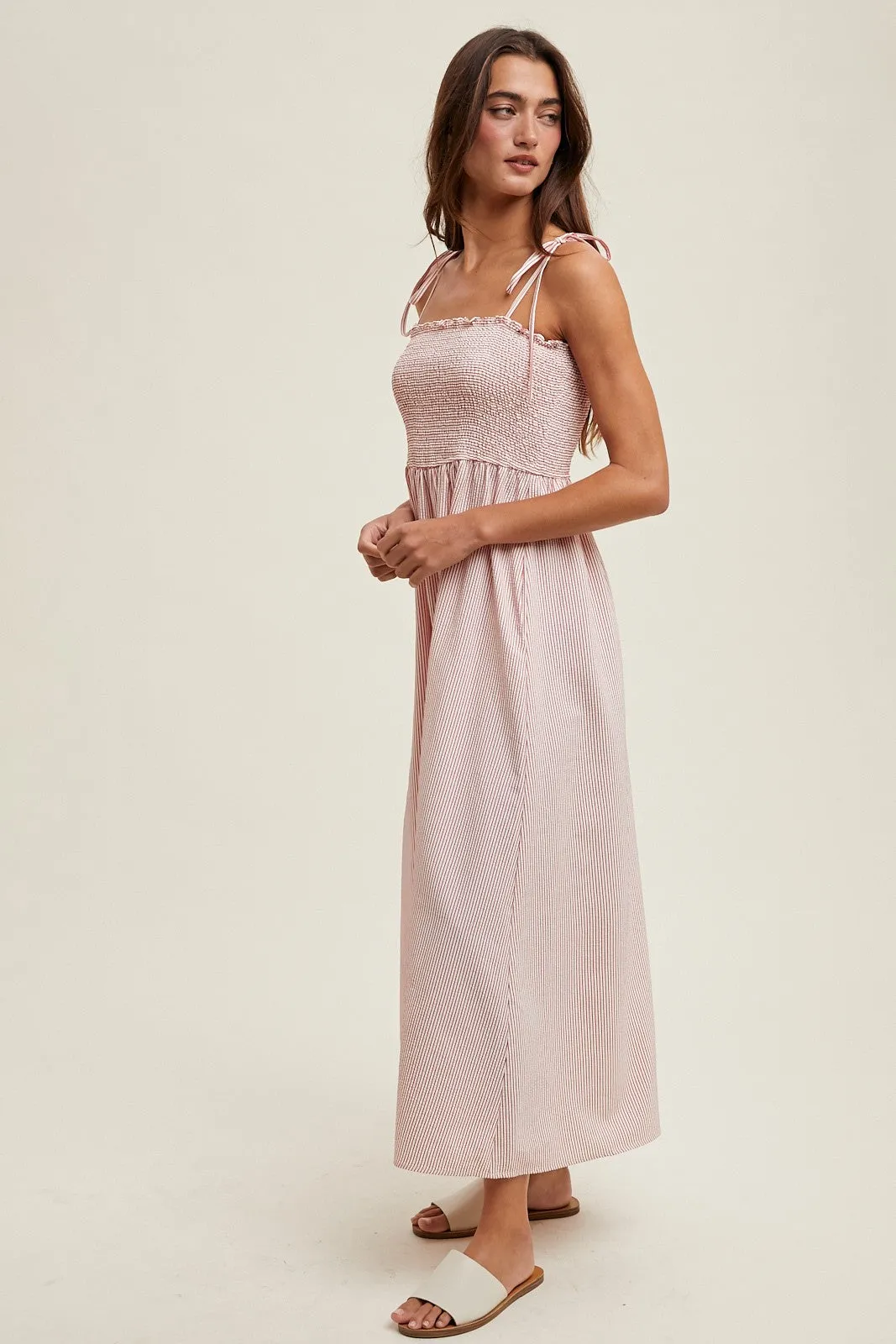 Red Striped Shoulder Tie Smocked Maxi Dress sold by Pinkblush product image thumbnail 2