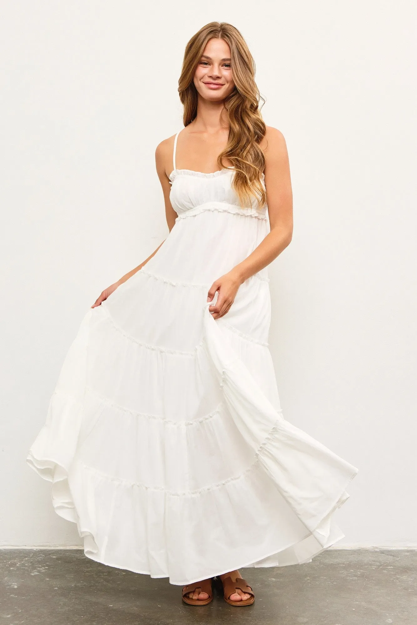 White Shirred Bust Ruffle Tiered Maxi Dress sold by Pinkblush