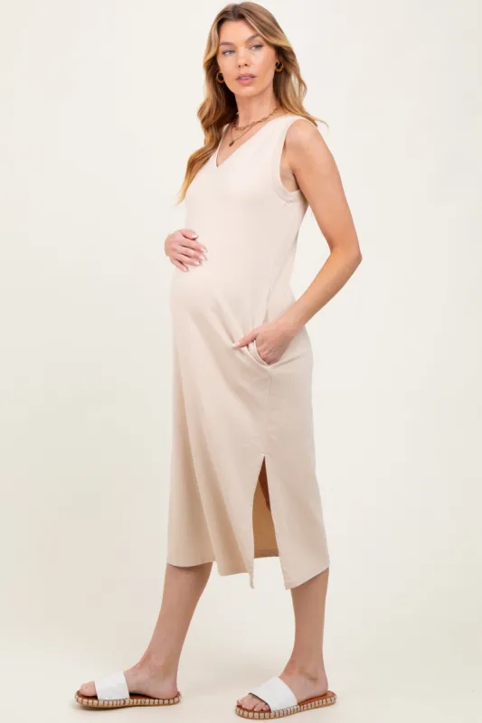 Cream V-Neck Sleeveless Side Slit Maternity Midi Dress sold by Pinkblush