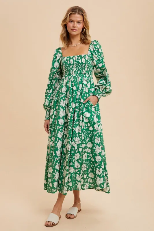Green Smocked Cotton Floral Maxi Dress sold by Pinkblush