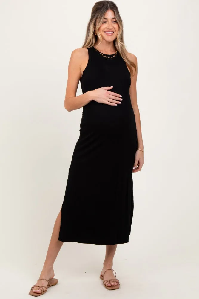 Black Sleeveless Side Slit Maternity Midi Dress sold by Pinkblush