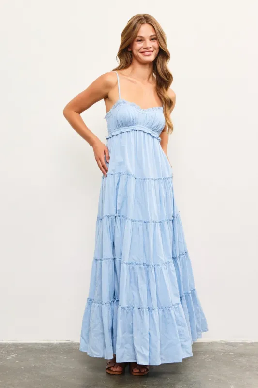 Light Blue Shirred Bust Ruffle Tiered Maxi Dress sold by Pinkblush