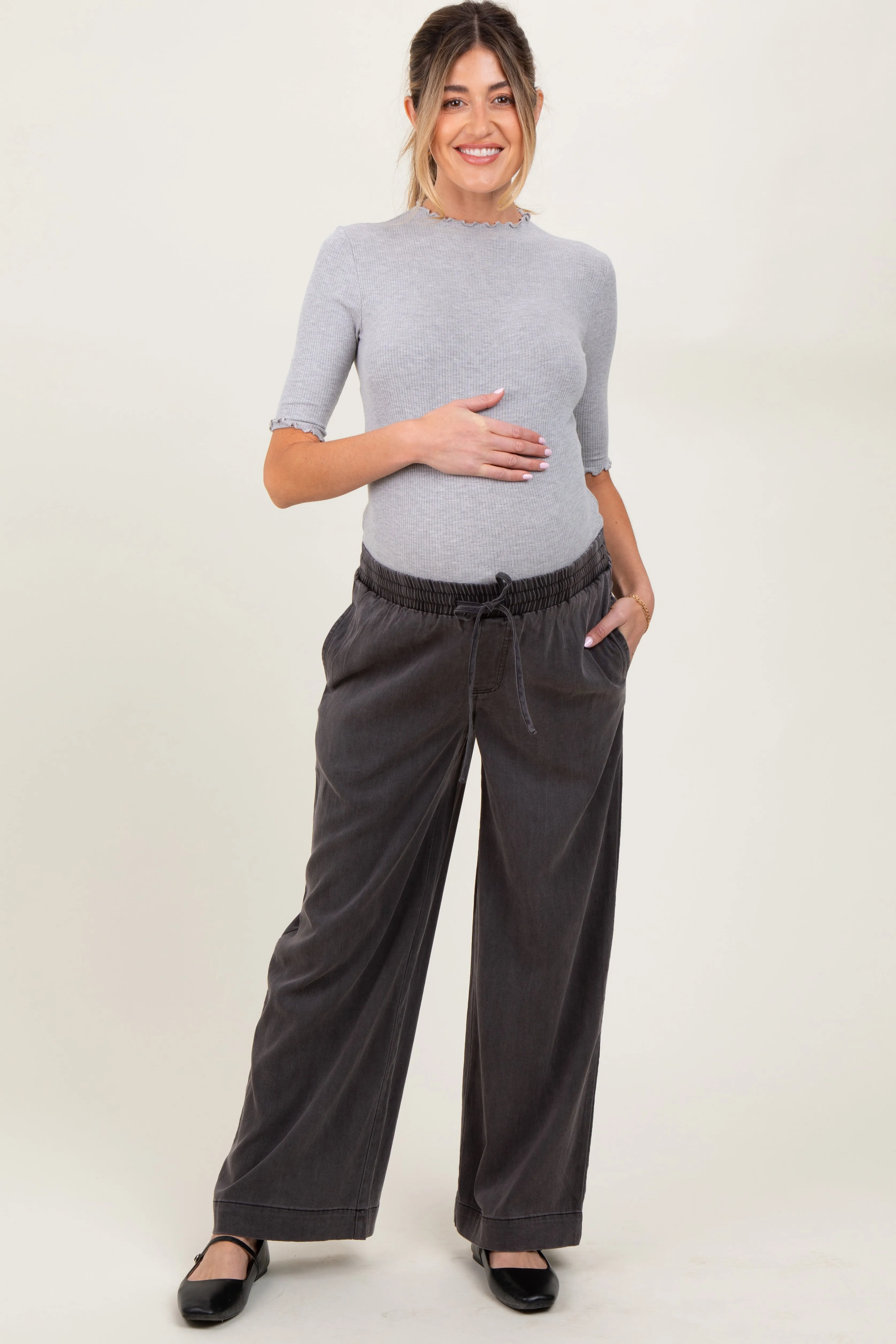 Black Vintage Wash Chambray Maternity Wide Leg Pants sold by Pinkblush