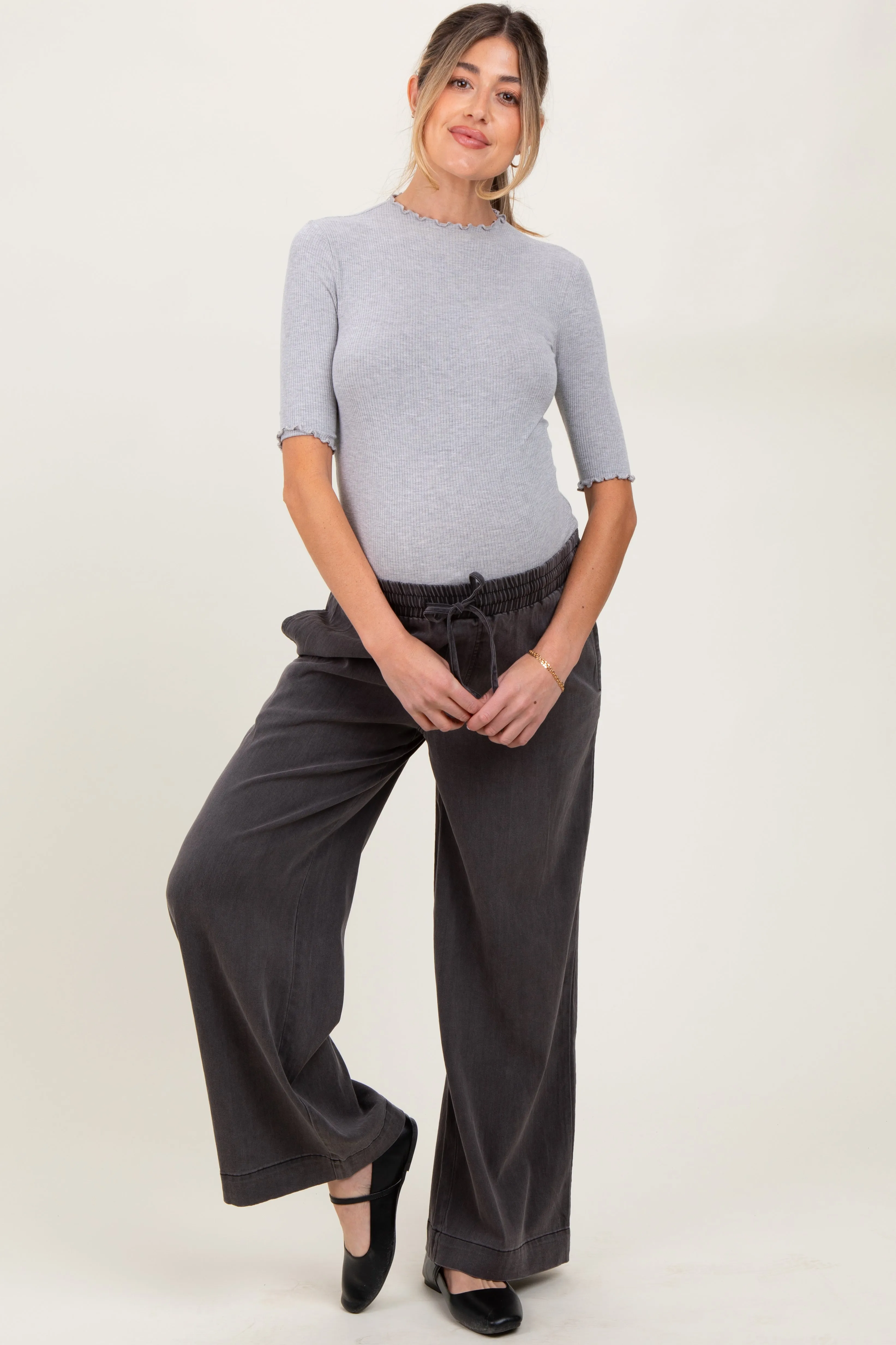 Black Vintage Wash Chambray Maternity Wide Leg Pants sold by Pinkblush product image thumbnail 2