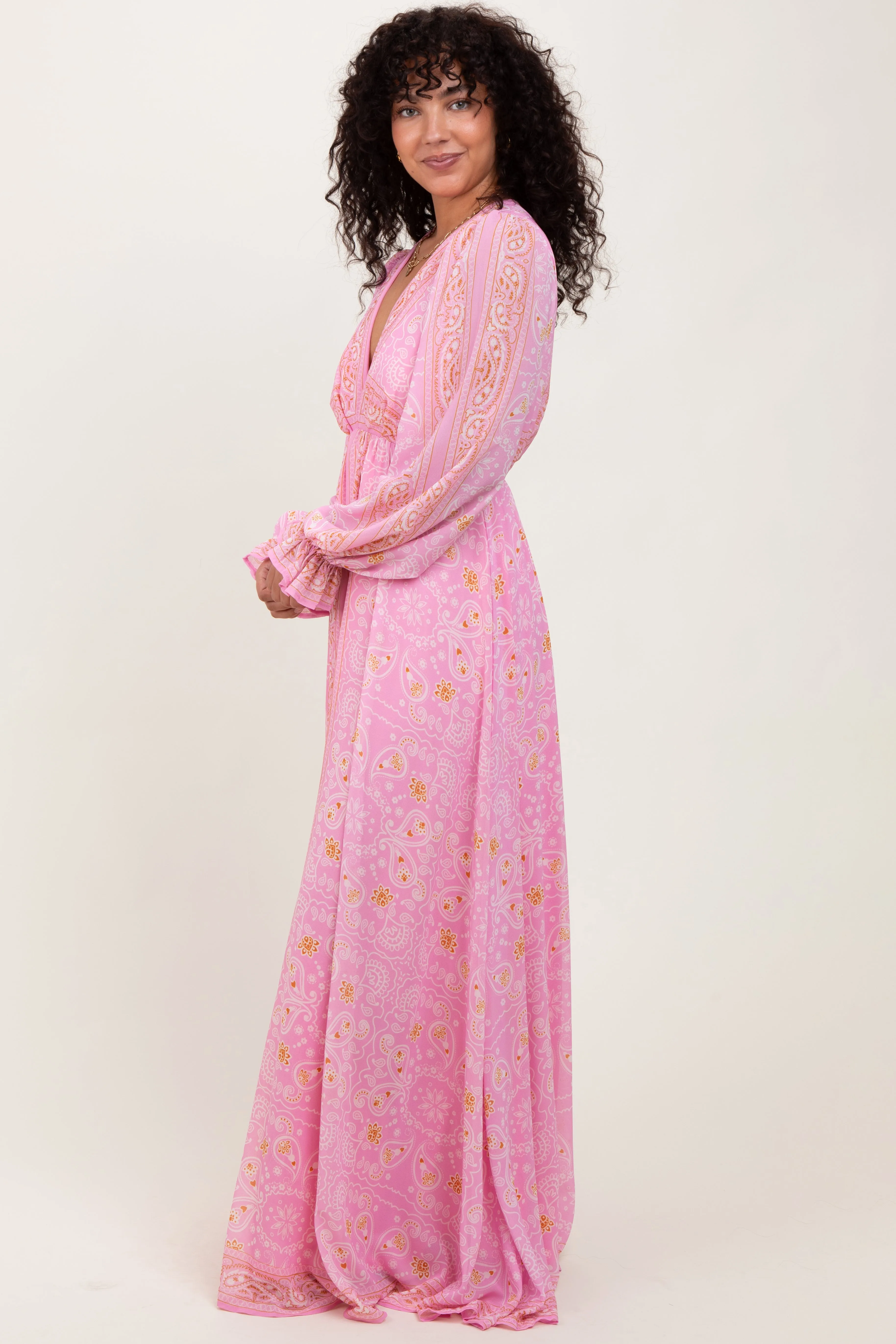 Pink Paisley Deep V-Neck Long Sleeve Maxi Dress sold by Pinkblush product image thumbnail 3