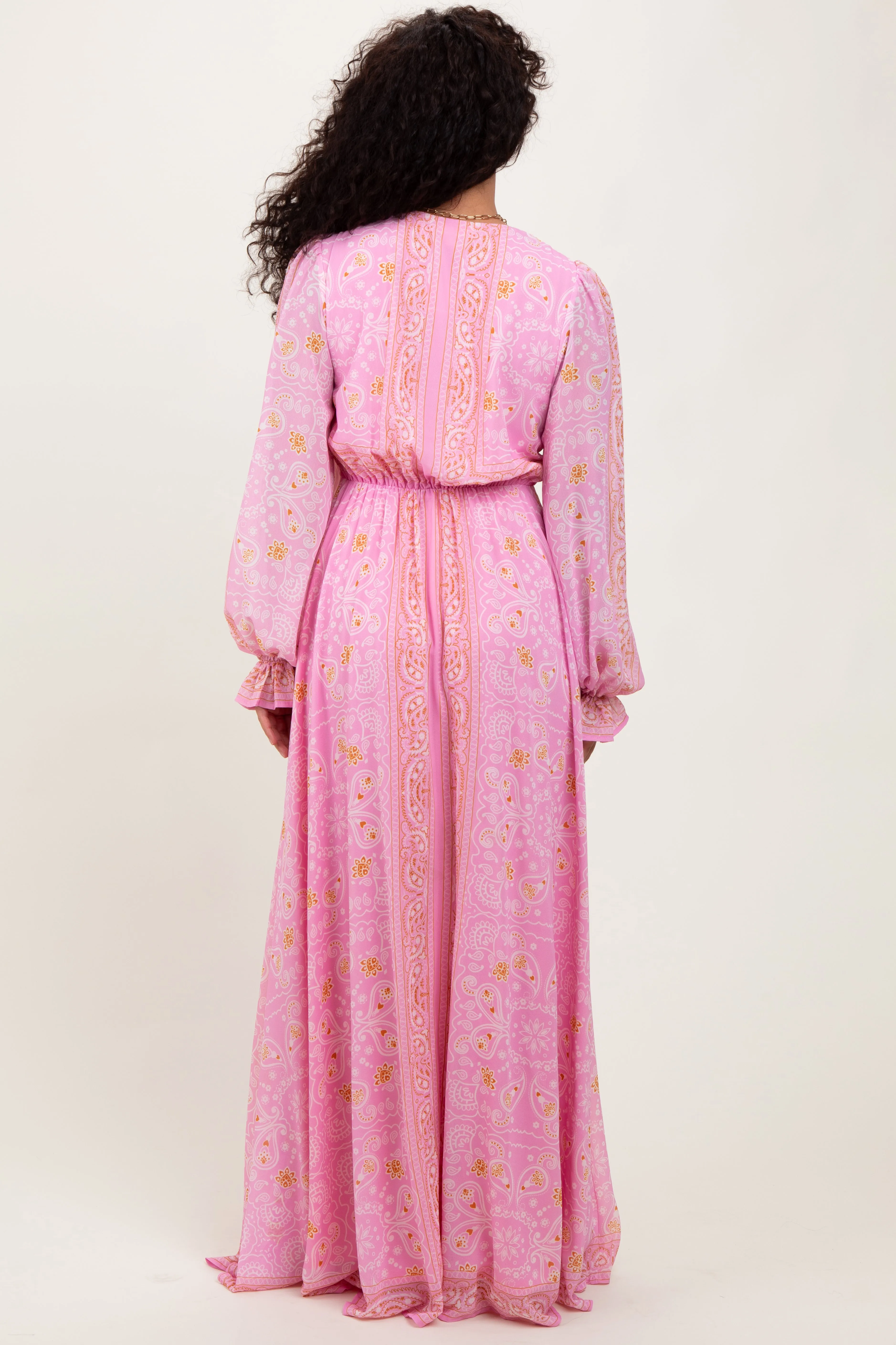 Pink Paisley Deep V-Neck Long Sleeve Maxi Dress sold by Pinkblush product image thumbnail 4