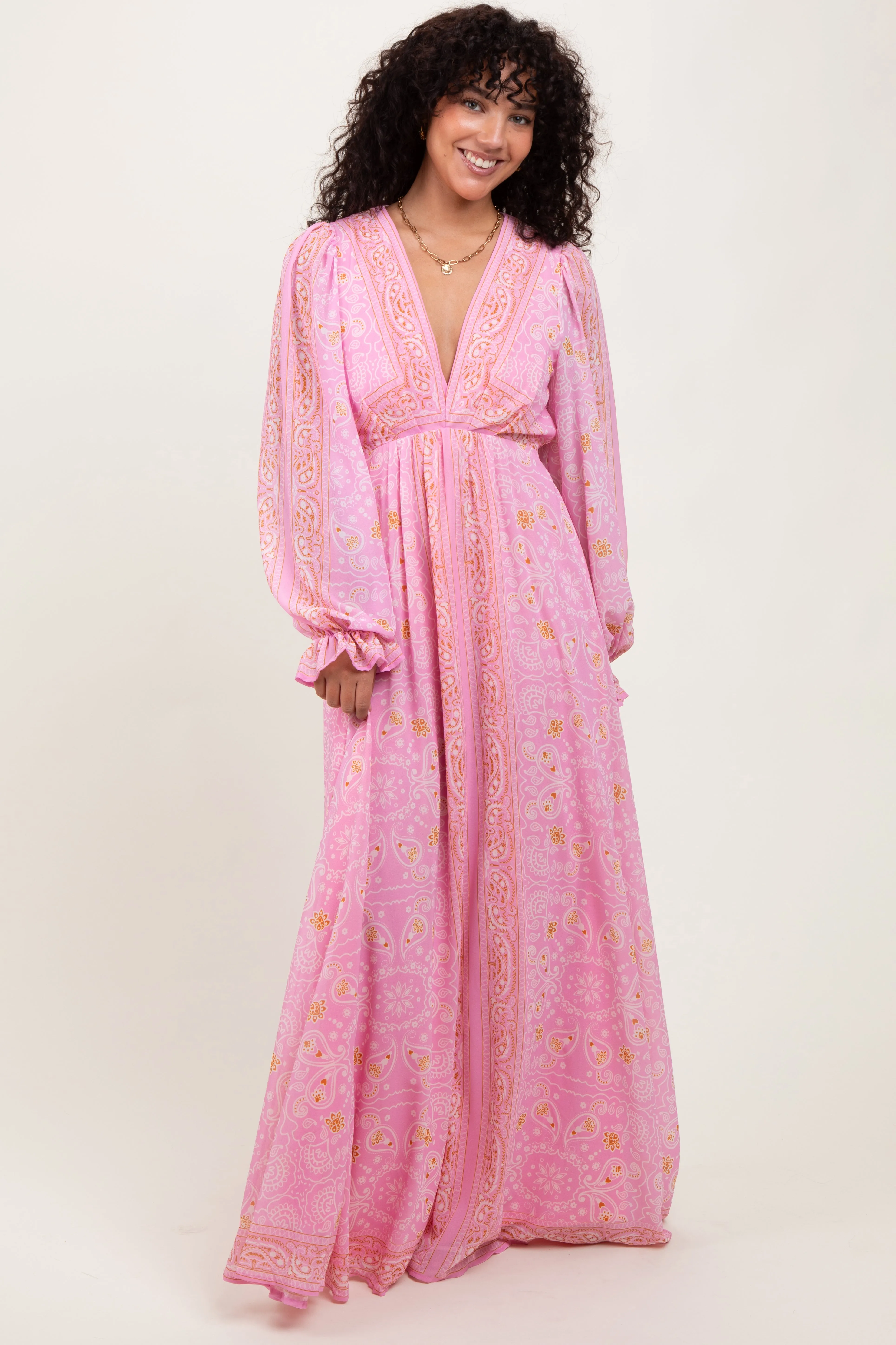 Pink Paisley Deep V-Neck Long Sleeve Maxi Dress sold by Pinkblush