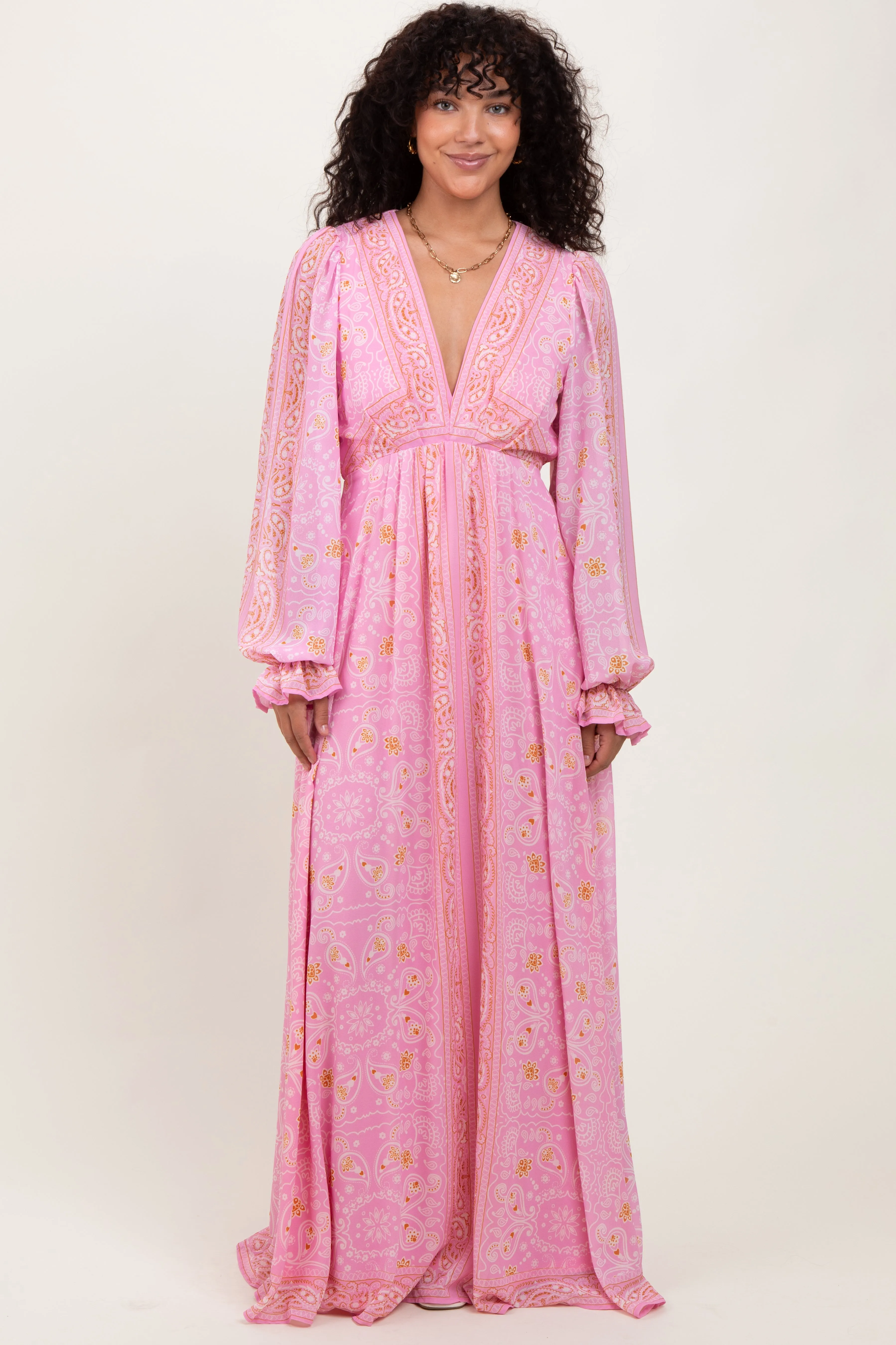 Pink Paisley Deep V-Neck Long Sleeve Maxi Dress sold by Pinkblush product image thumbnail 2