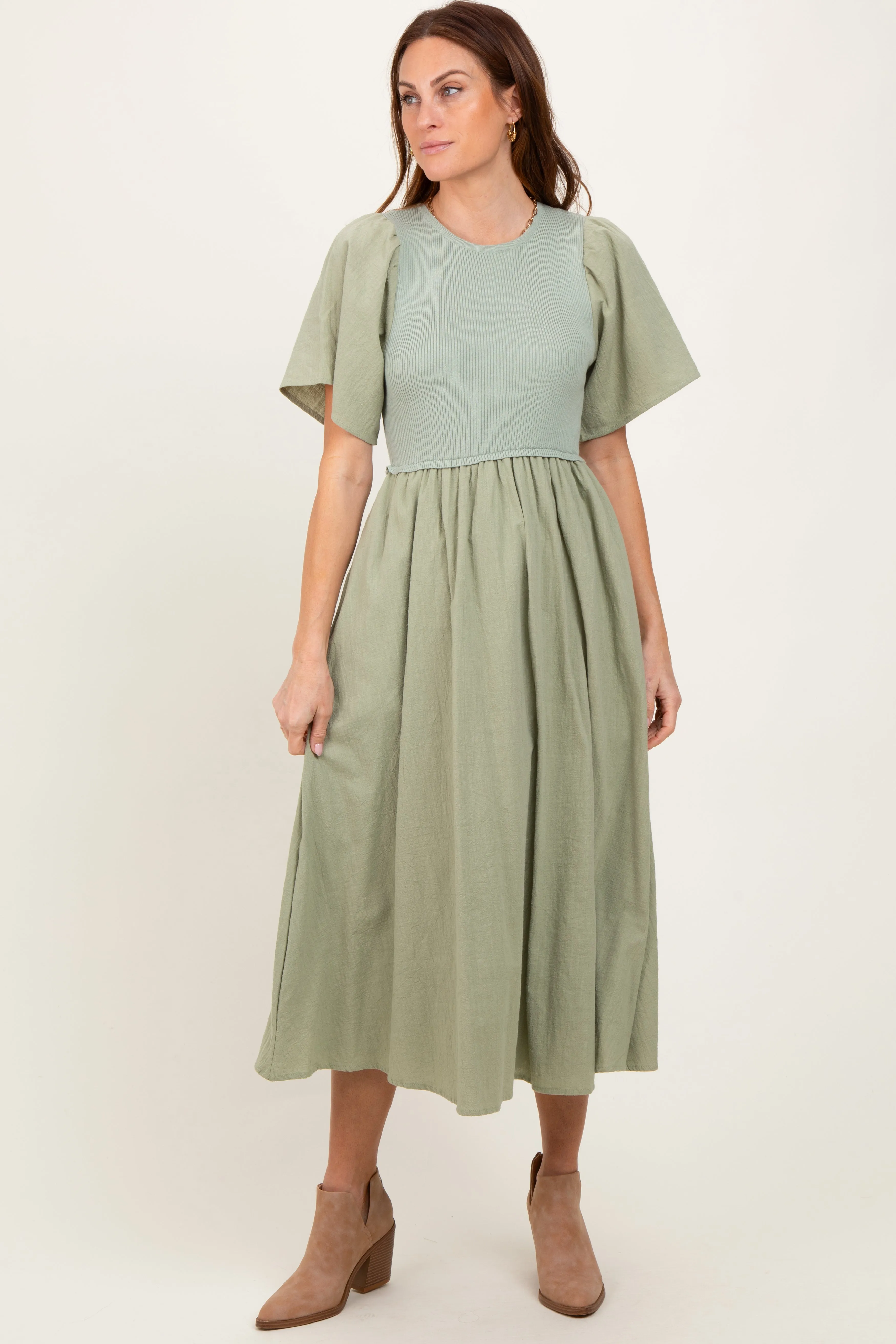 Light Olive Ribbed Knit Contrast Top Midi Dress sold by Pinkblush product image thumbnail 2