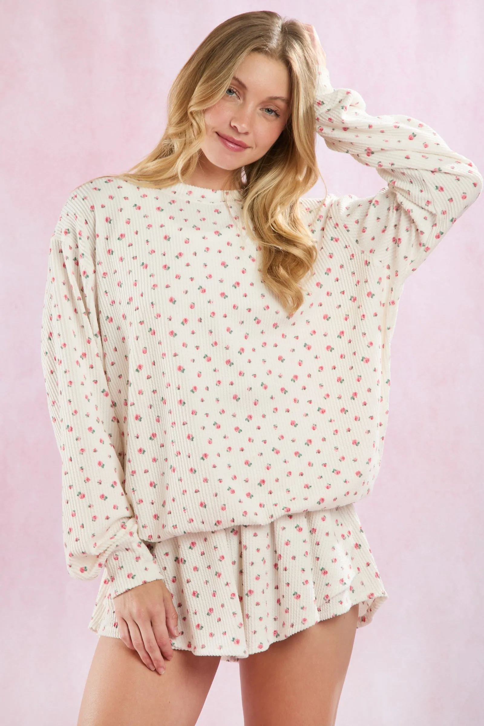 Ivory Floral Ribbed Knit Oversized Pullover Top sold by Pinkblush product image thumbnail 2