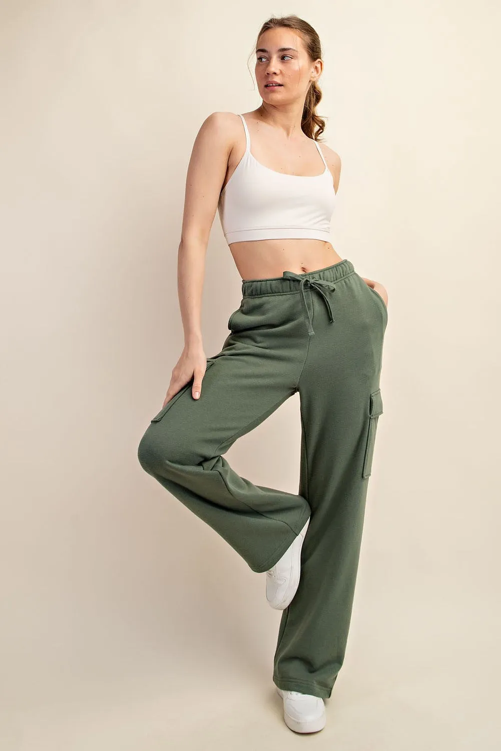 Olive Cargo Pocket Straight Leg Sweatpants sold by Pinkblush