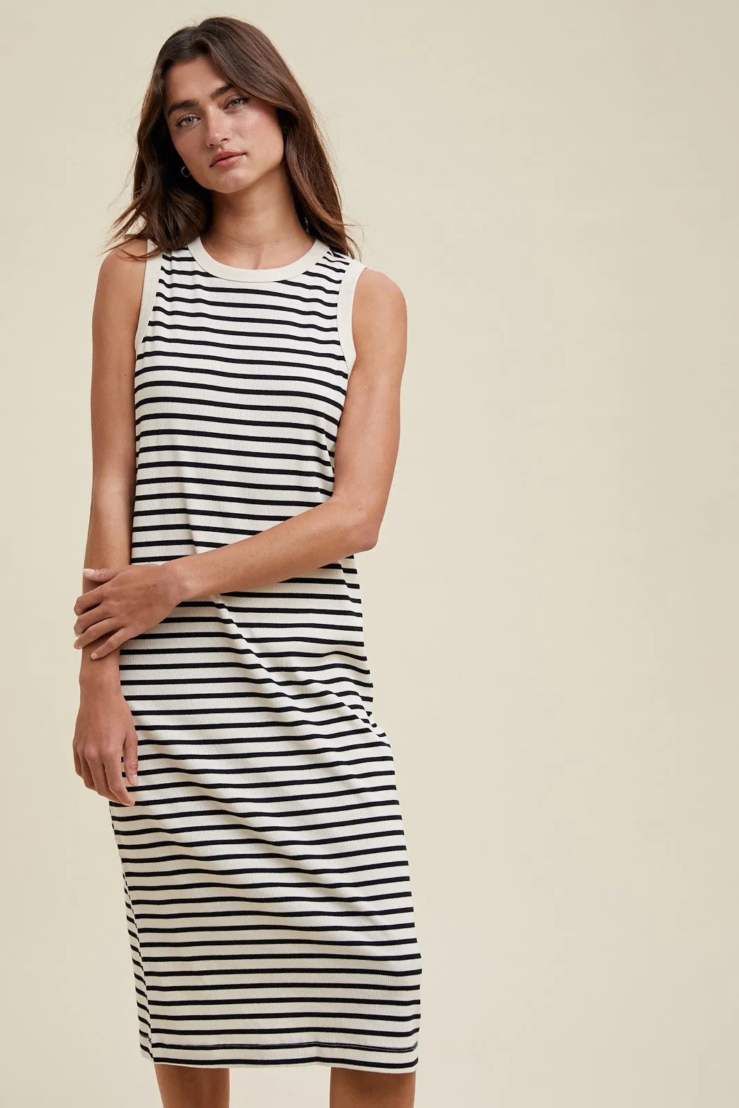 Cream Striped Ribbed Knit Sleeveless Midi Dress sold by Pinkblush product image thumbnail 2