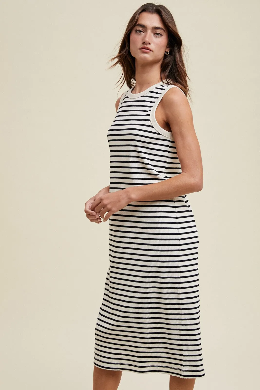 Cream Striped Ribbed Knit Sleeveless Midi Dress sold by Pinkblush product image thumbnail 3