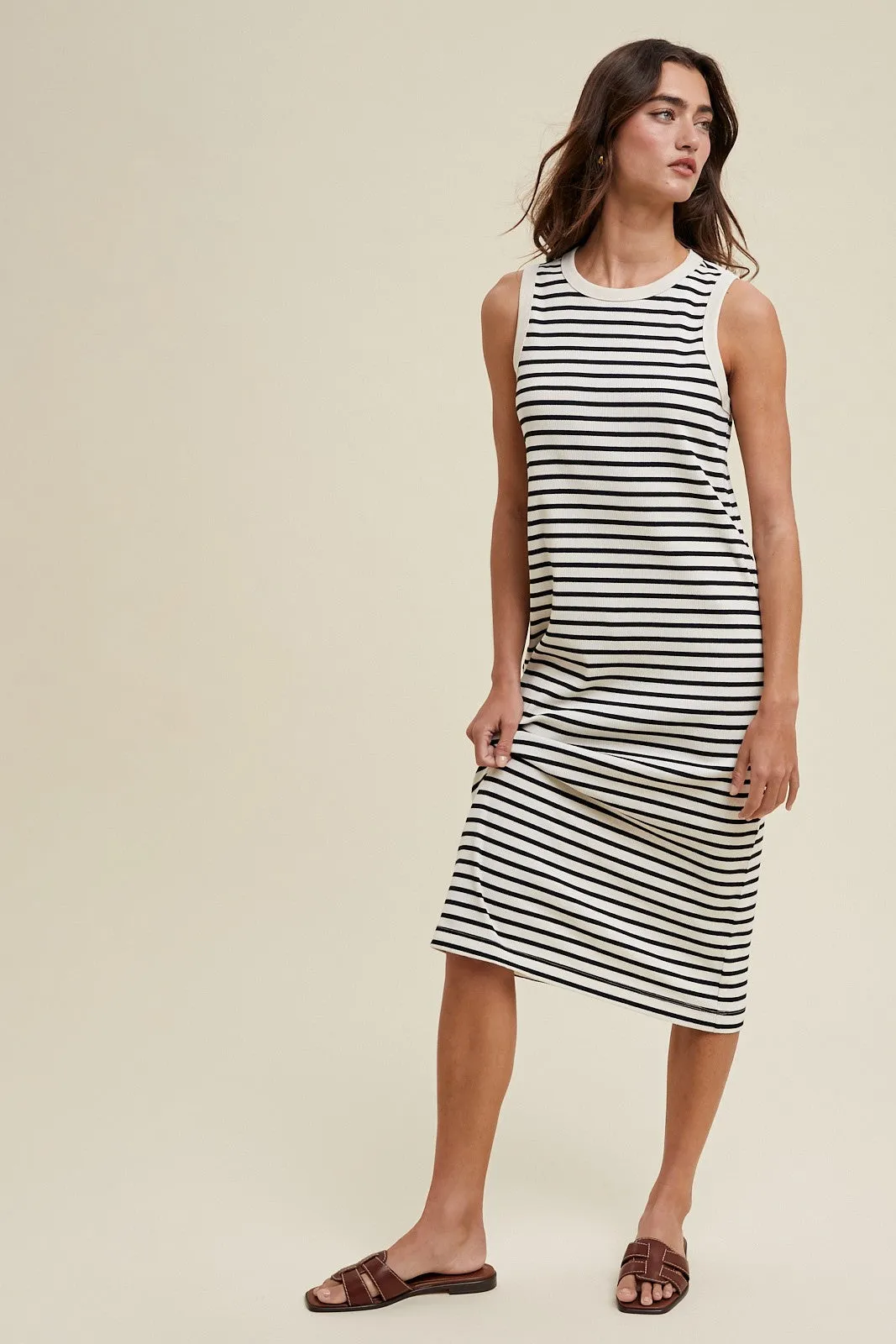 Cream Striped Ribbed Knit Sleeveless Midi Dress sold by Pinkblush
