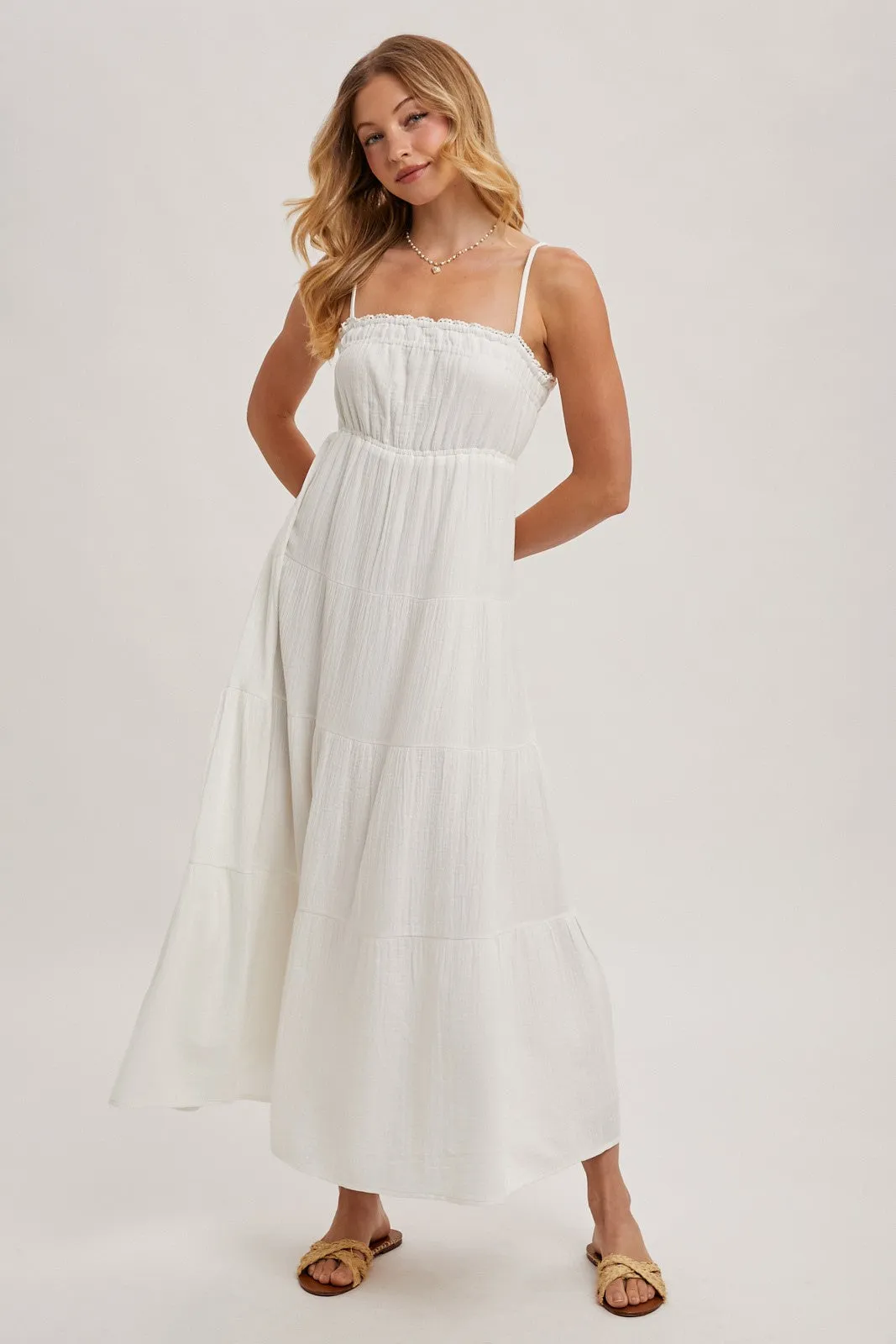 Ivory Crochet Trim Tiered Maxi Dress sold by Pinkblush