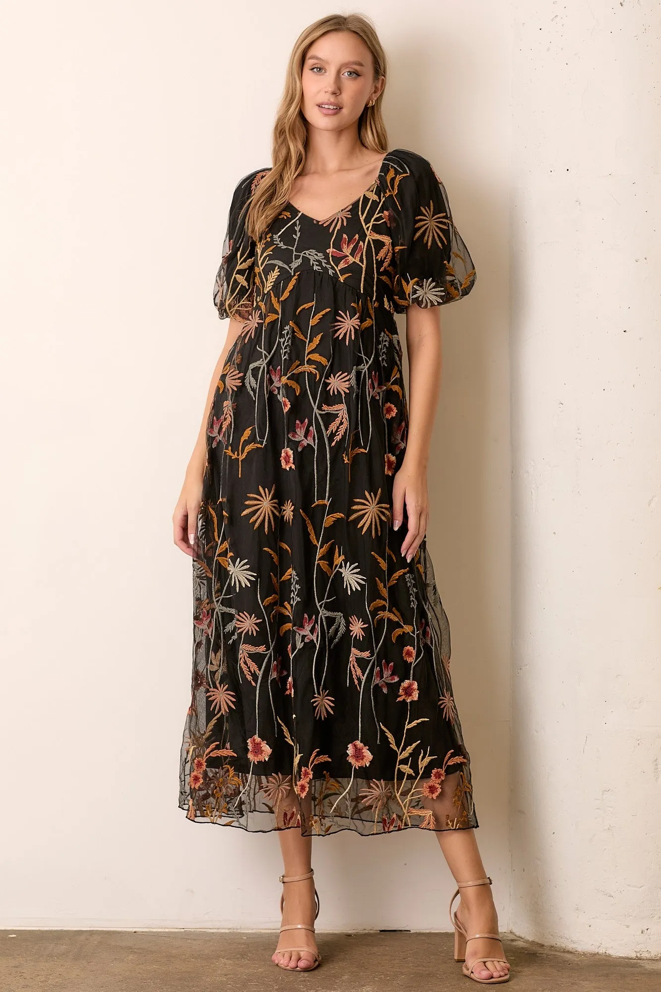 Black Embroidered Floral Mesh Overlay Midi Dress sold by Pinkblush