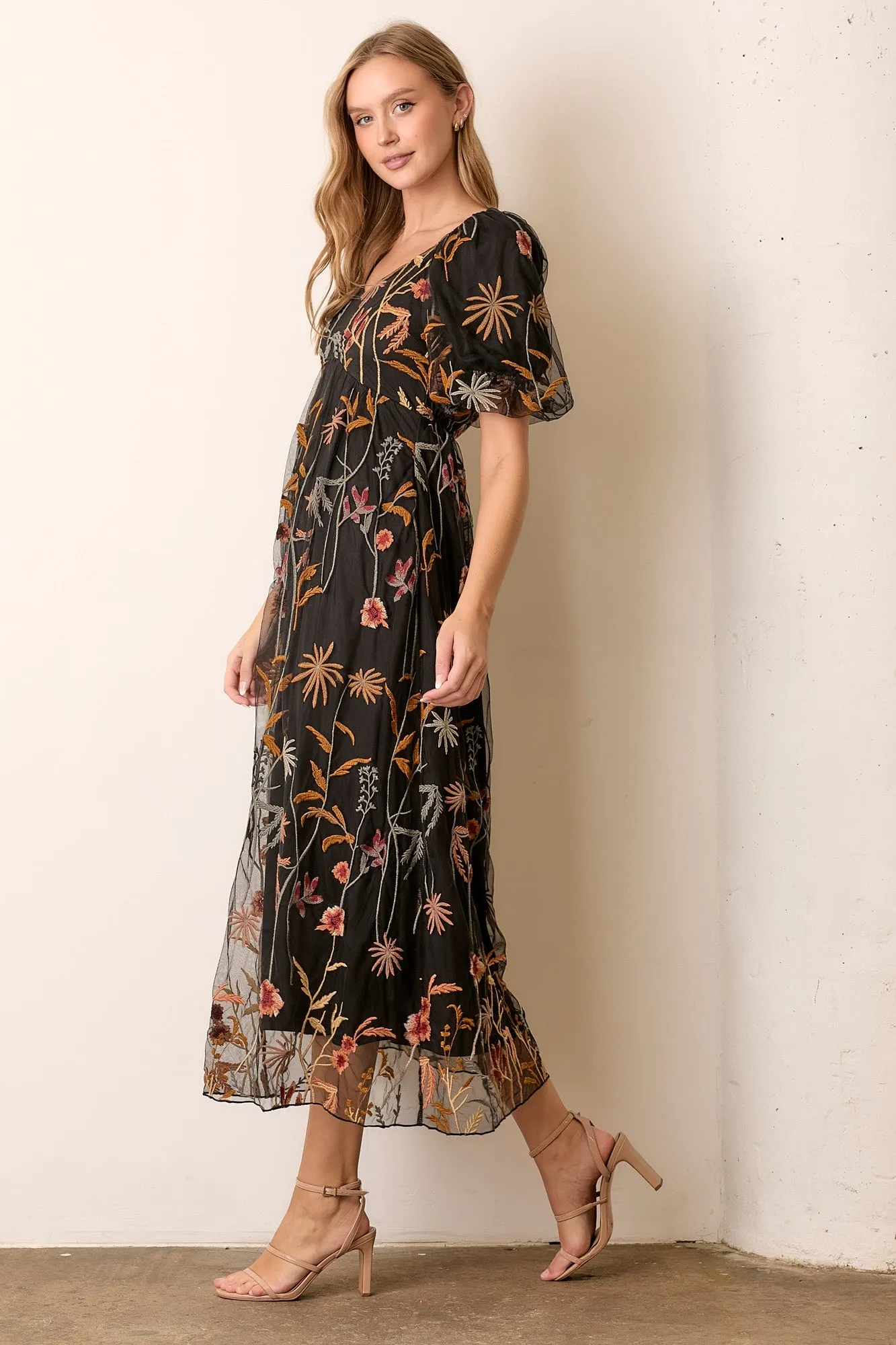 Black Embroidered Floral Mesh Overlay Midi Dress sold by Pinkblush product image thumbnail 2