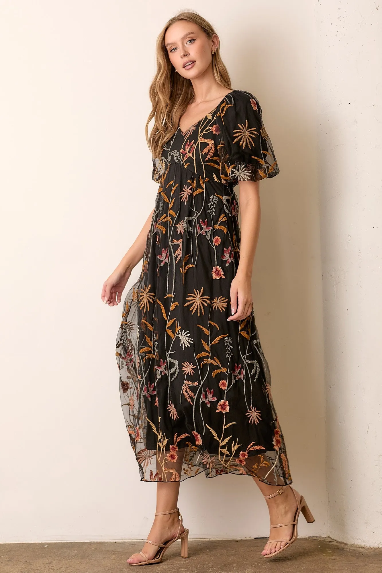 Black Embroidered Floral Mesh Overlay Midi Dress sold by Pinkblush product image thumbnail 3