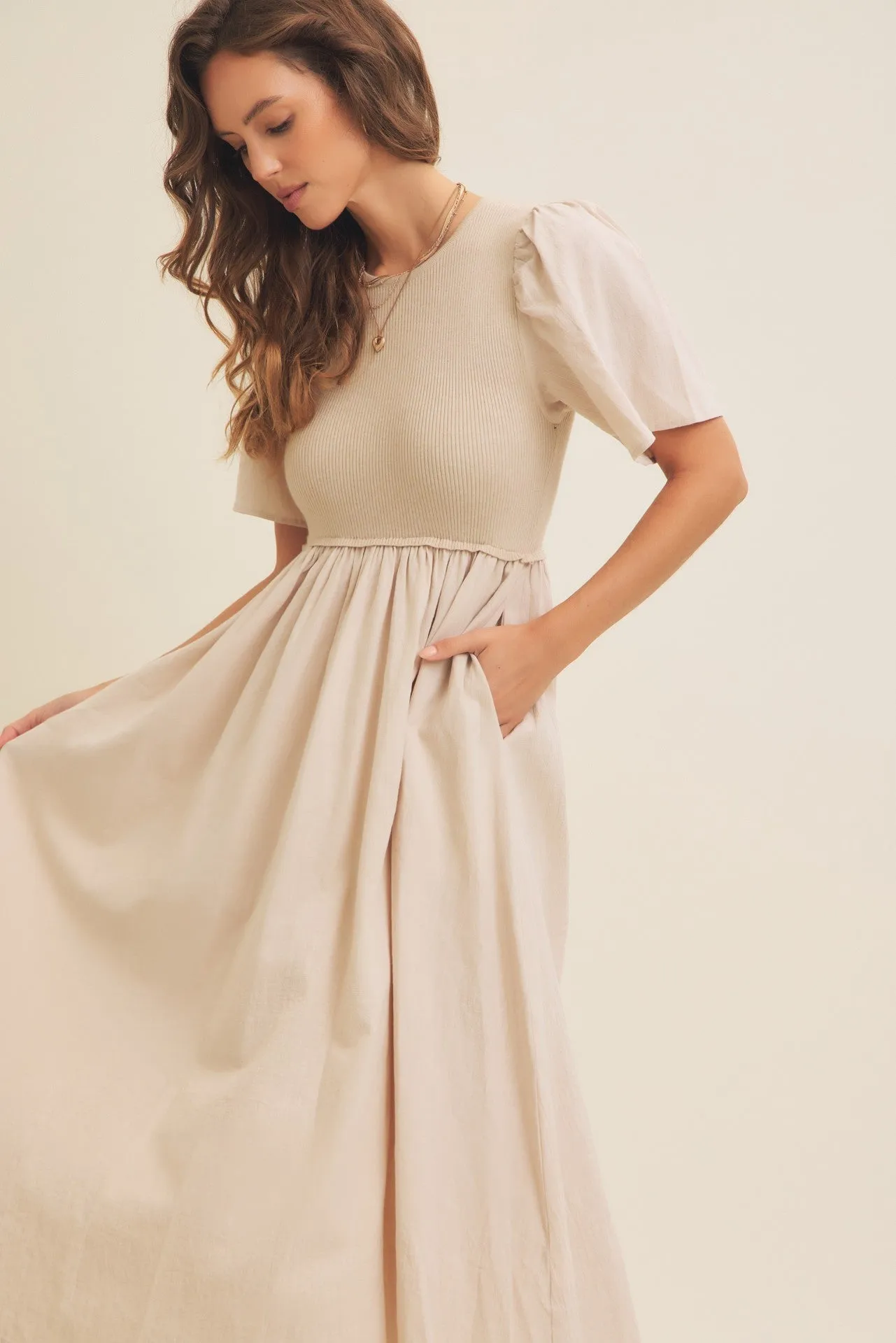 Beige Ribbed Knit Contrast Top Midi Dress sold by Pinkblush product image thumbnail 4