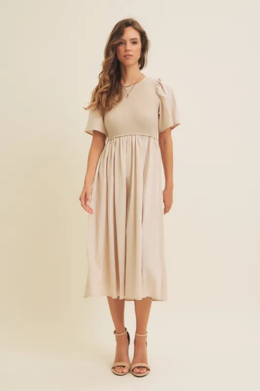 Beige Ribbed Knit Contrast Top Midi Dress sold by Pinkblush
