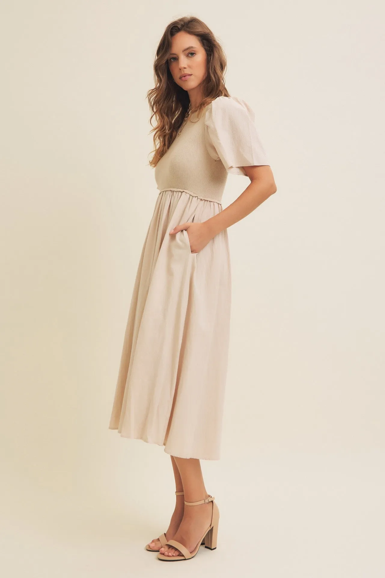 Beige Ribbed Knit Contrast Top Midi Dress sold by Pinkblush product image thumbnail 2