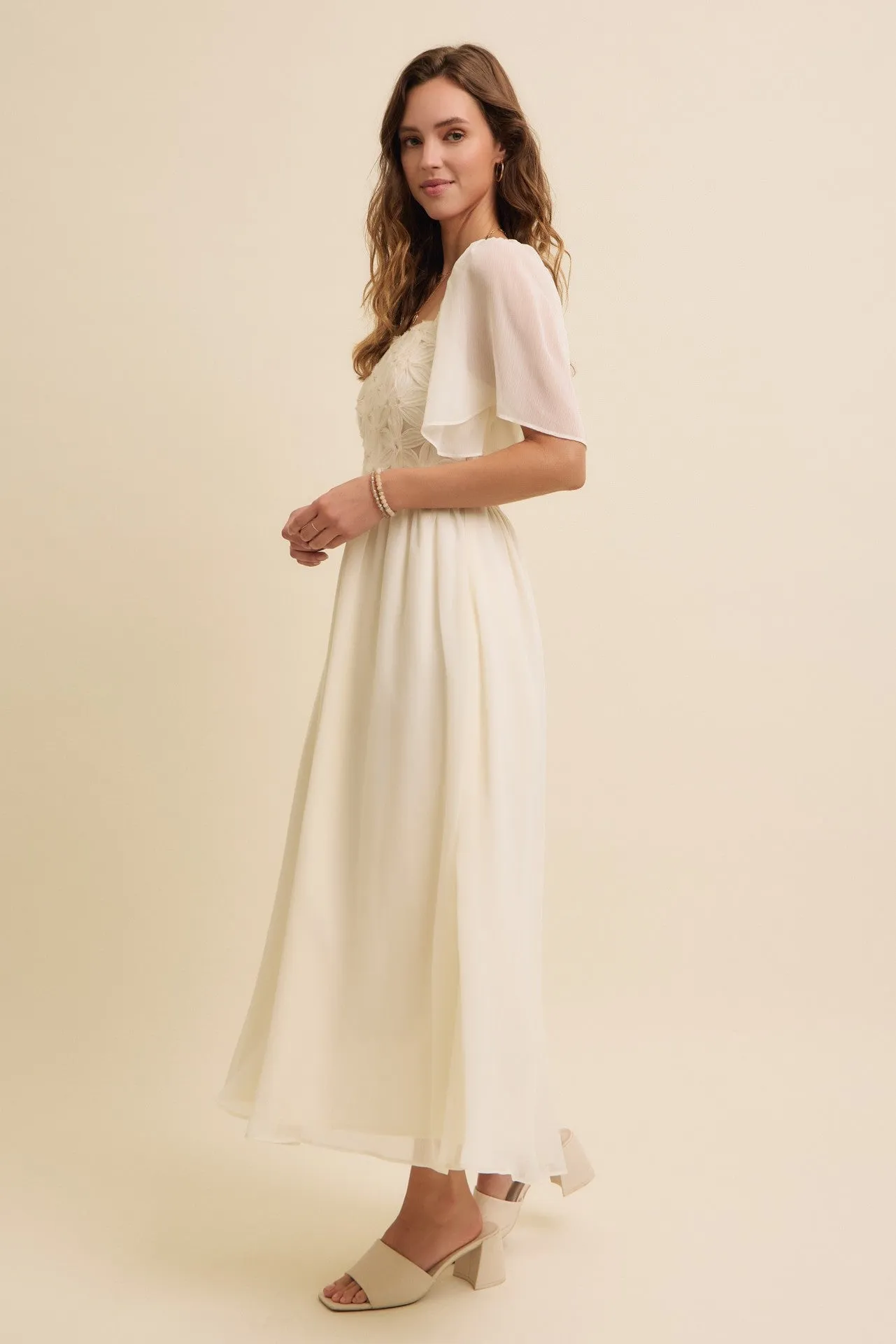 Cream Floral Applique Flutter Sleeved Midi Dress sold by Pinkblush product image thumbnail 3