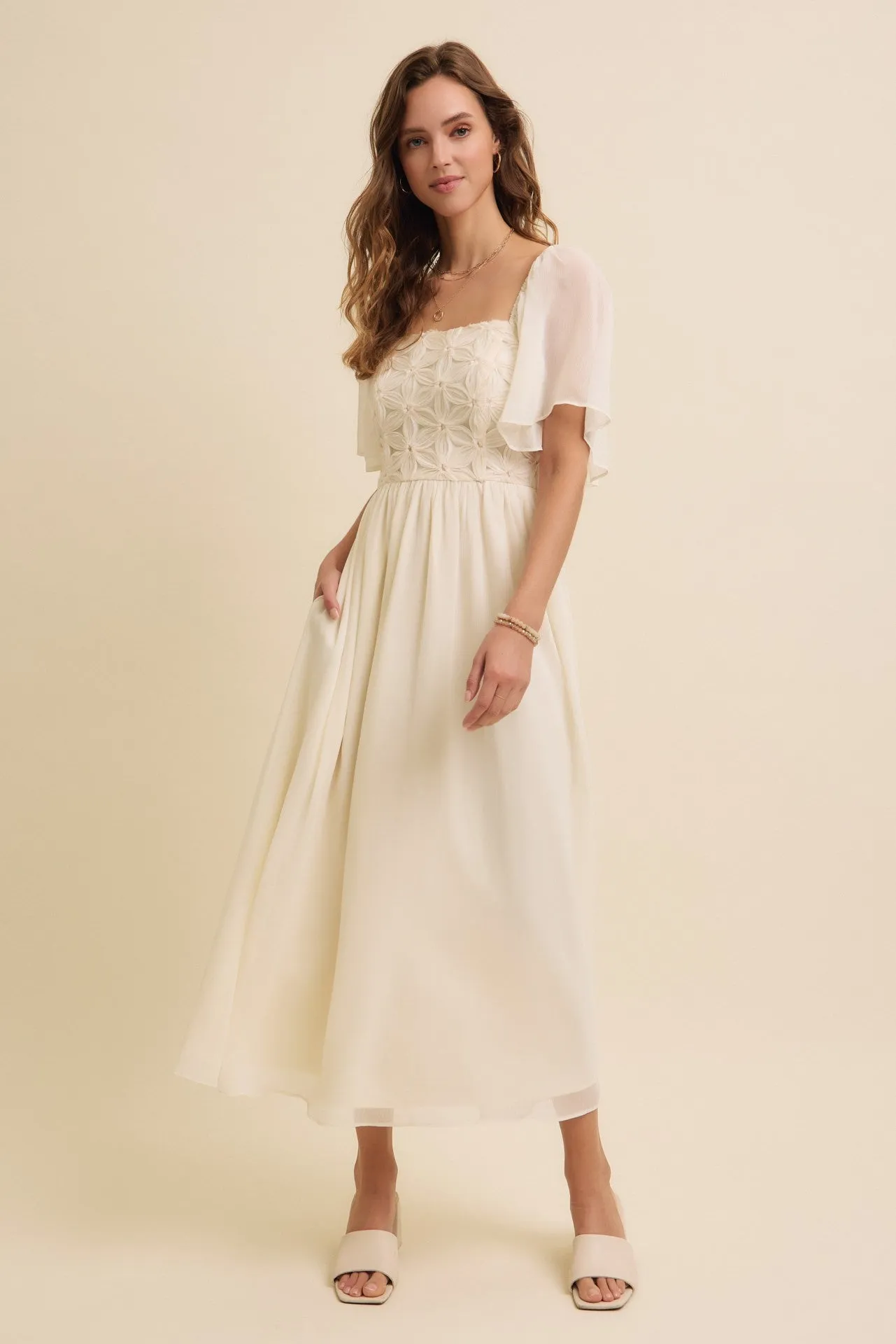 Cream Floral Applique Flutter Sleeved Midi Dress sold by Pinkblush