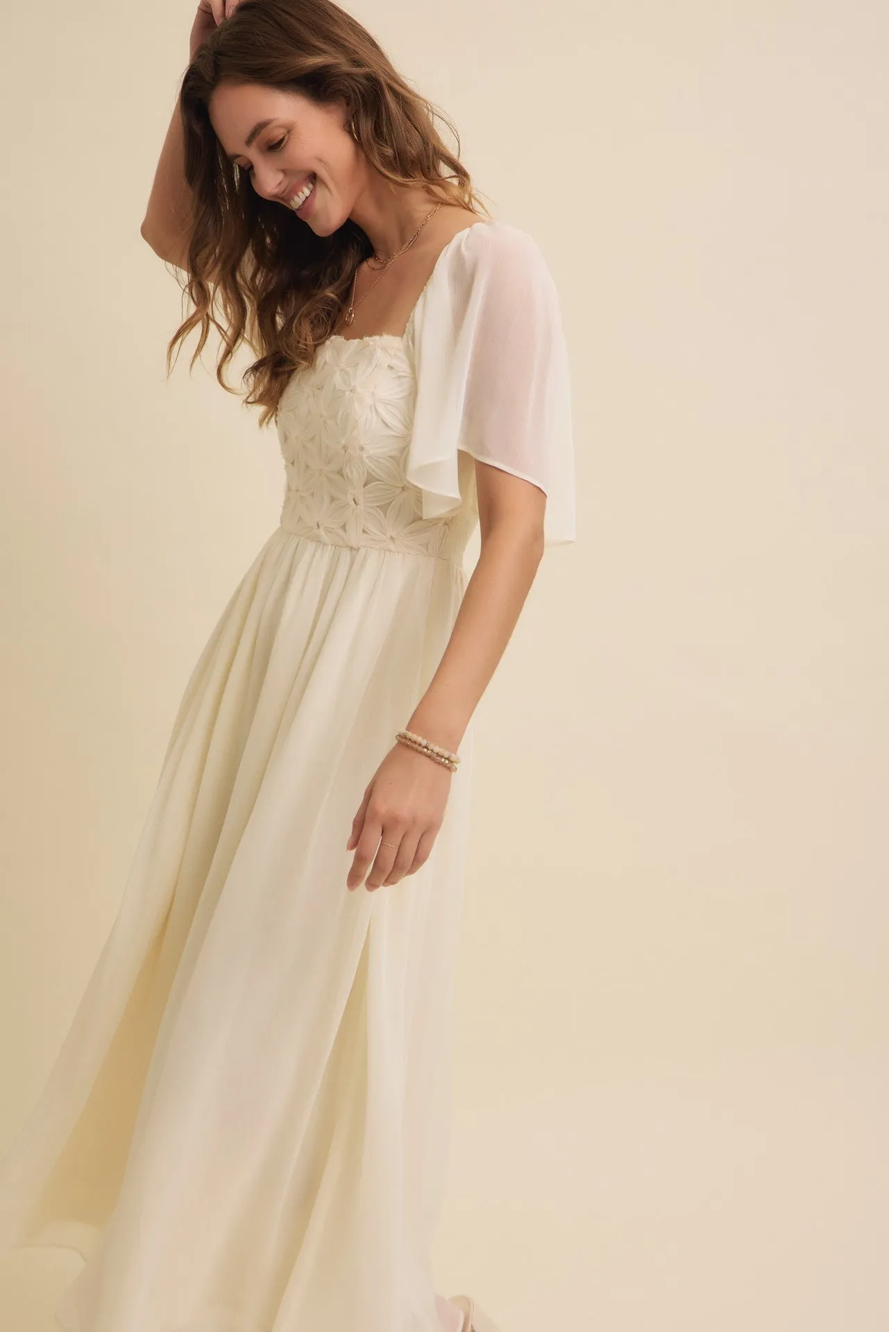 Cream Floral Applique Flutter Sleeved Midi Dress sold by Pinkblush product image thumbnail 5