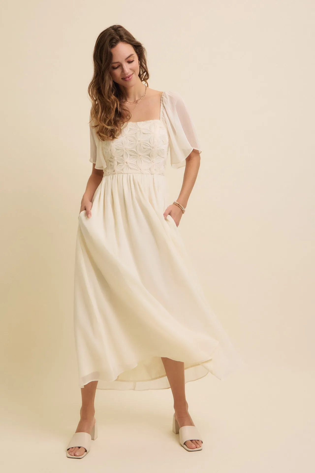 Cream Floral Applique Flutter Sleeved Midi Dress sold by Pinkblush product image thumbnail 2