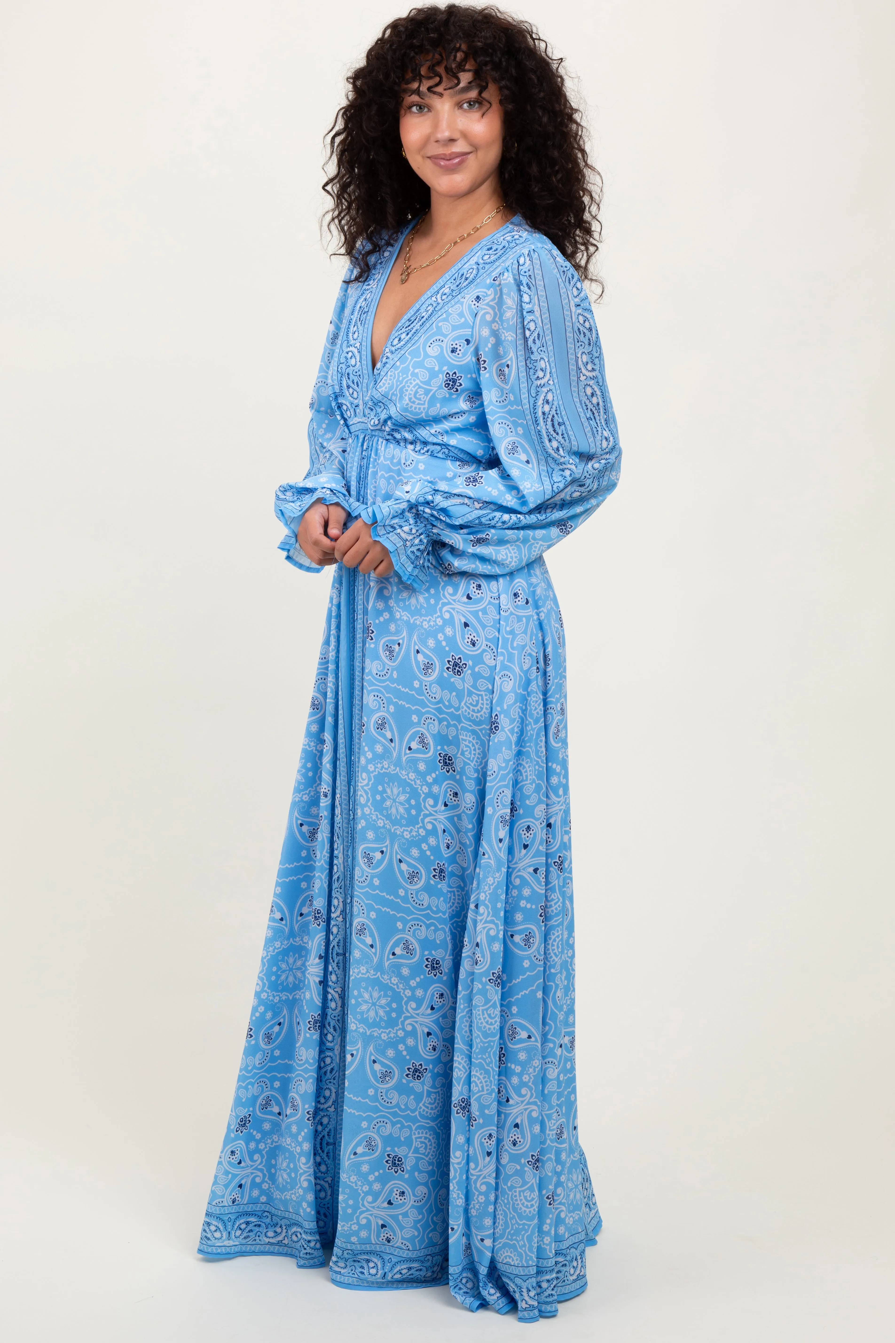 Light Blue Paisley Deep V-Neck Long Sleeve Maxi Dress sold by Pinkblush product image thumbnail 3