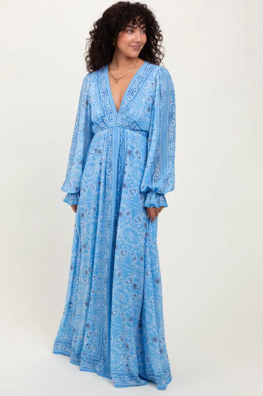 Light Blue Paisley Deep V-Neck Long Sleeve Maxi Dress sold by Pinkblush