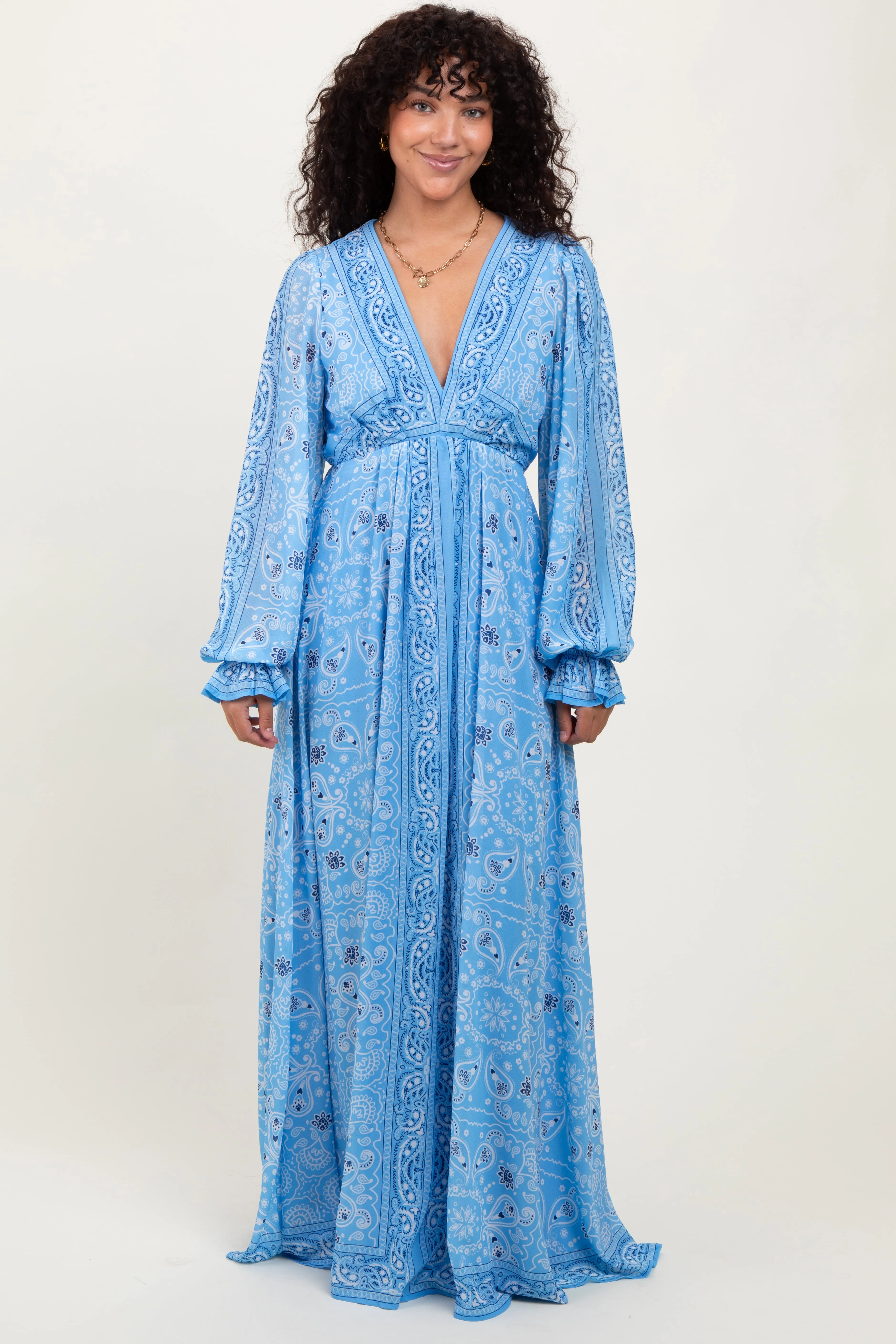 Light Blue Paisley Deep V-Neck Long Sleeve Maxi Dress sold by Pinkblush product image thumbnail 2