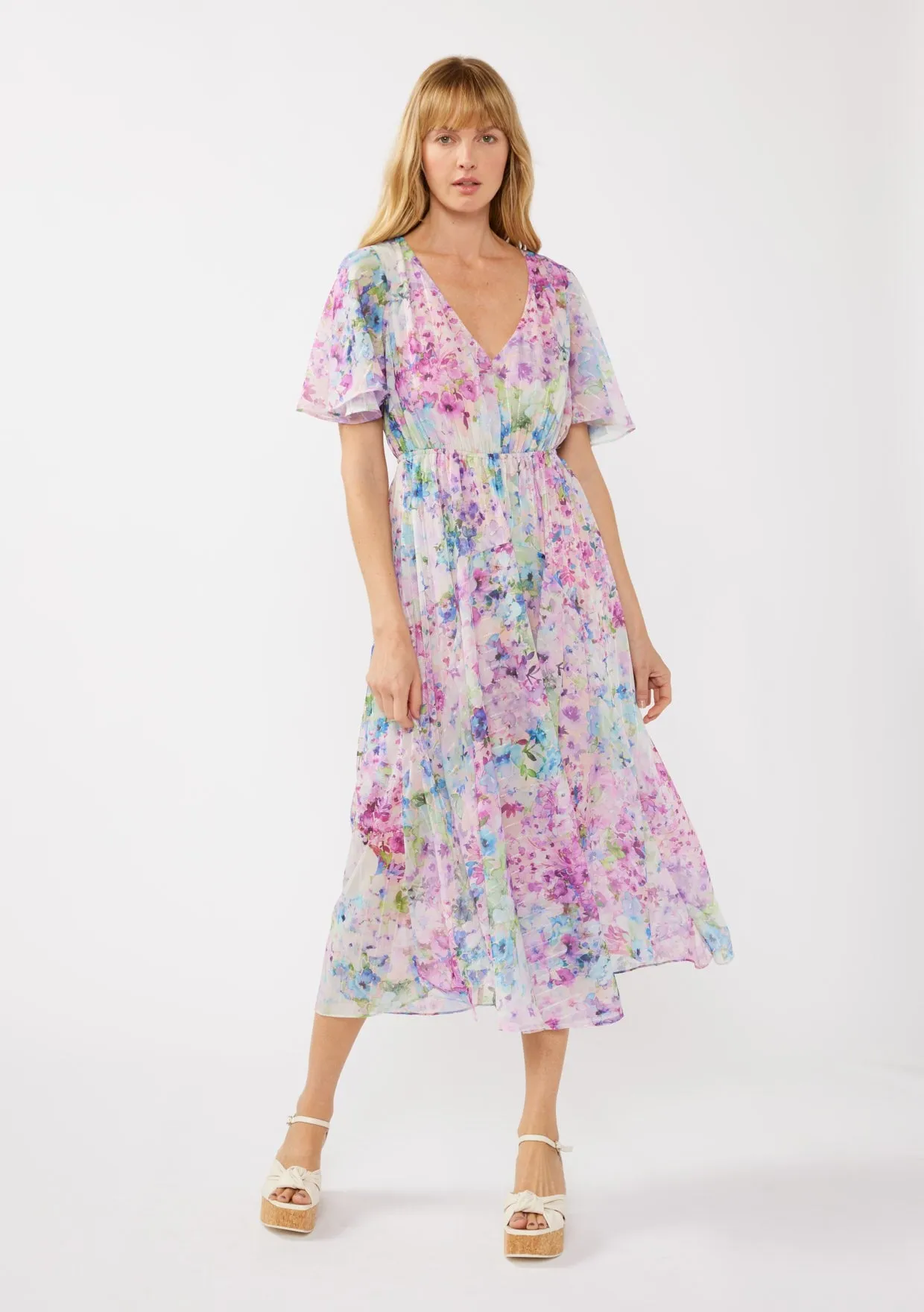 Light Pink Watercolor Floral Flutter Sleeve Midi Dress sold by Pinkblush product image thumbnail 2